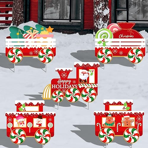 KatchOn, Letreros de Feliz Navidad para patio de tren  Paquete de 5  Letreros de Navidad para patio al aire libre  Estacas de Navidad para