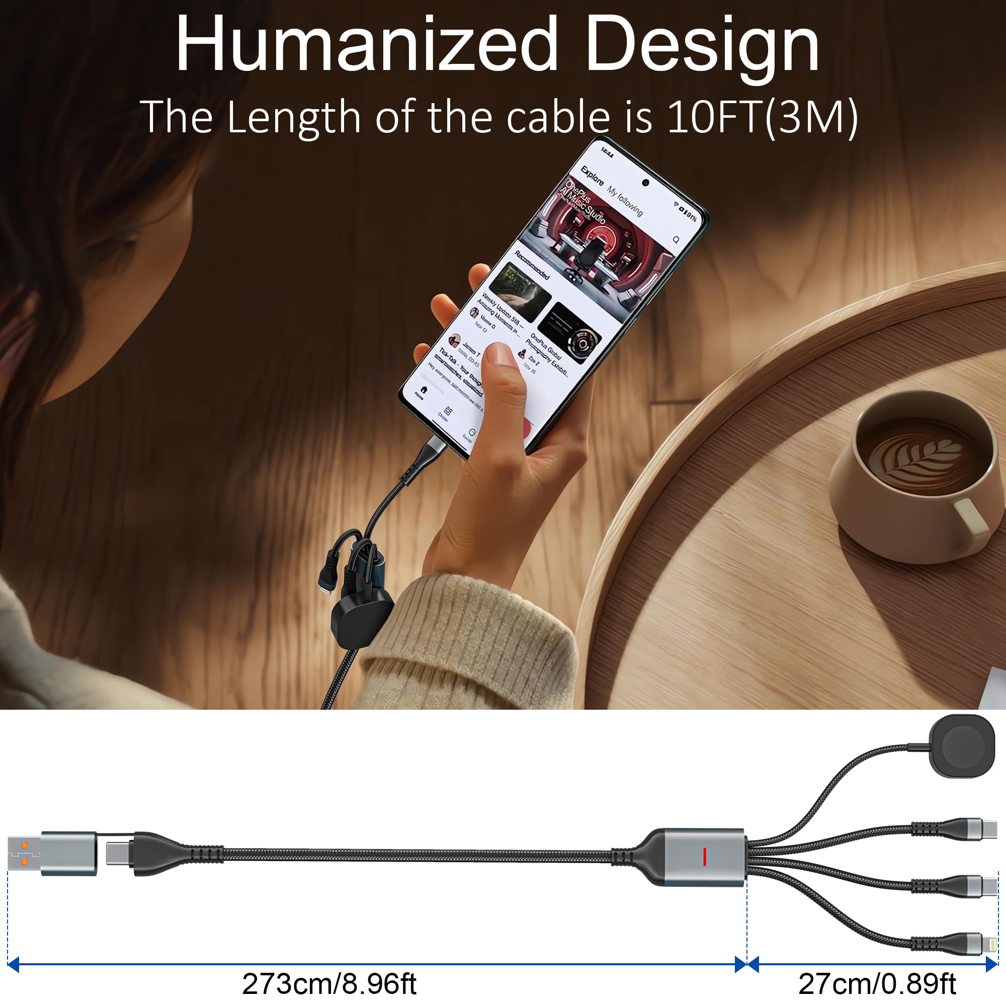 Câble de charge 4-en-2 100 W : cordon USB-C de 3 m (100 W/10 W), comprend un chargeur magnétique MFi pour Apple Watch. Compatible avec iPhone 17/16/15, iPad, MacBook, Galaxy S24/S23