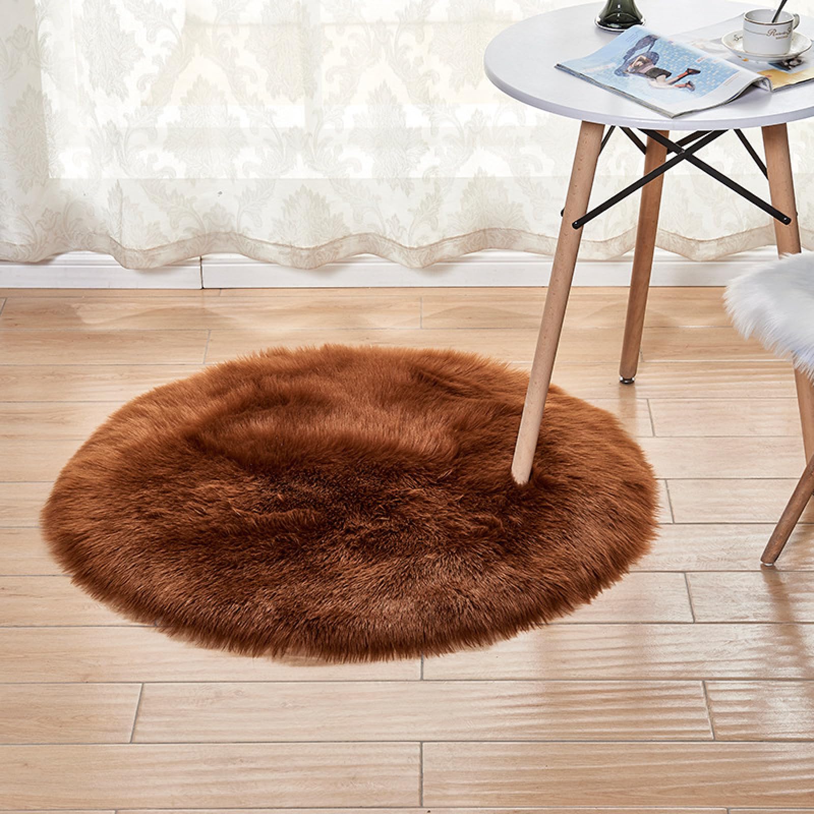 Tapis Ronds Marron en Fausse Peau de Mouton pour Chambre d'enfant, Petit Tapis Doux Lavable en Machine, diamètre 180 cm/70,7 Pouces