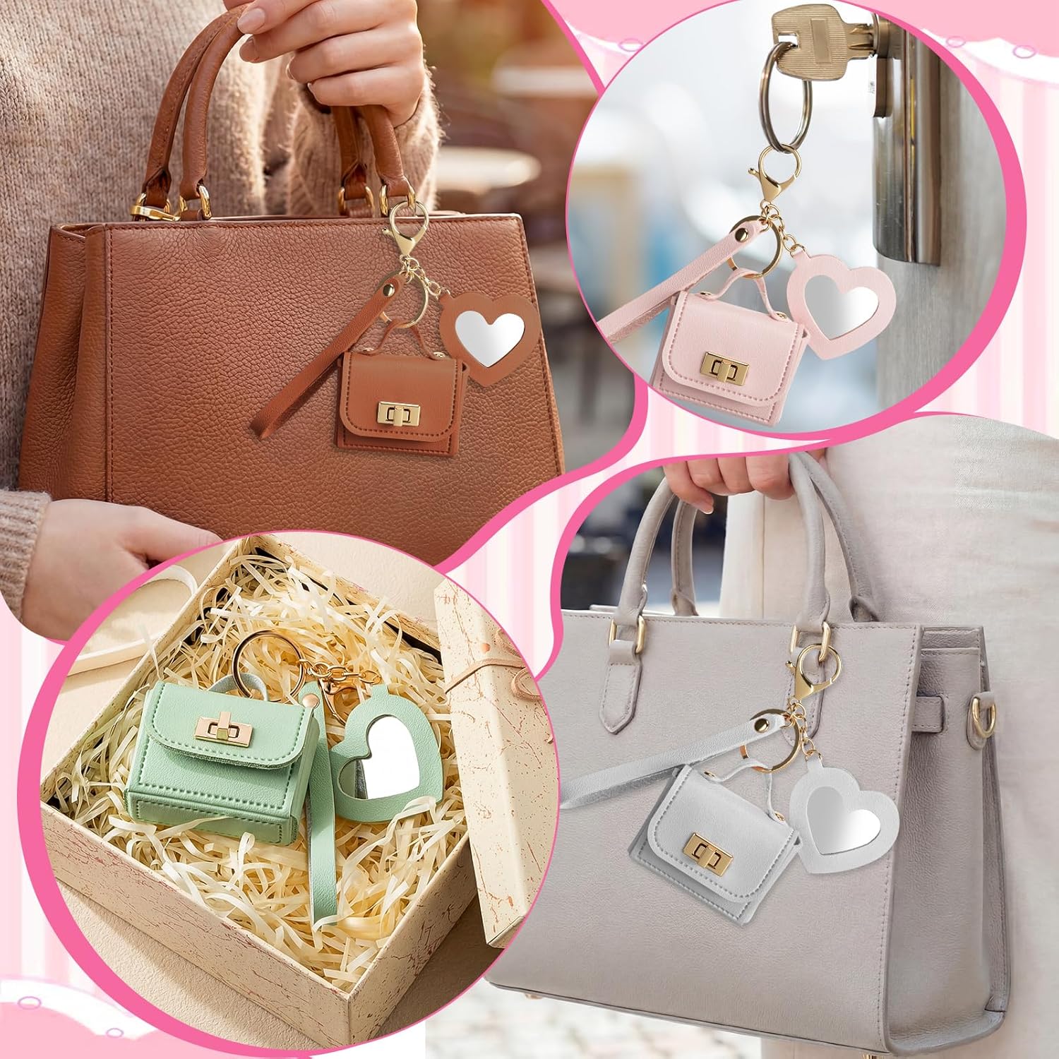 Syhood 8 Pcs Mini Backpack Keychains Cute PU Leather Cosmetic Handbags with Heart Mirror Waterproof Makeup Lipstick Bag Key Pockets Zipper Pouch Card Holder for Women