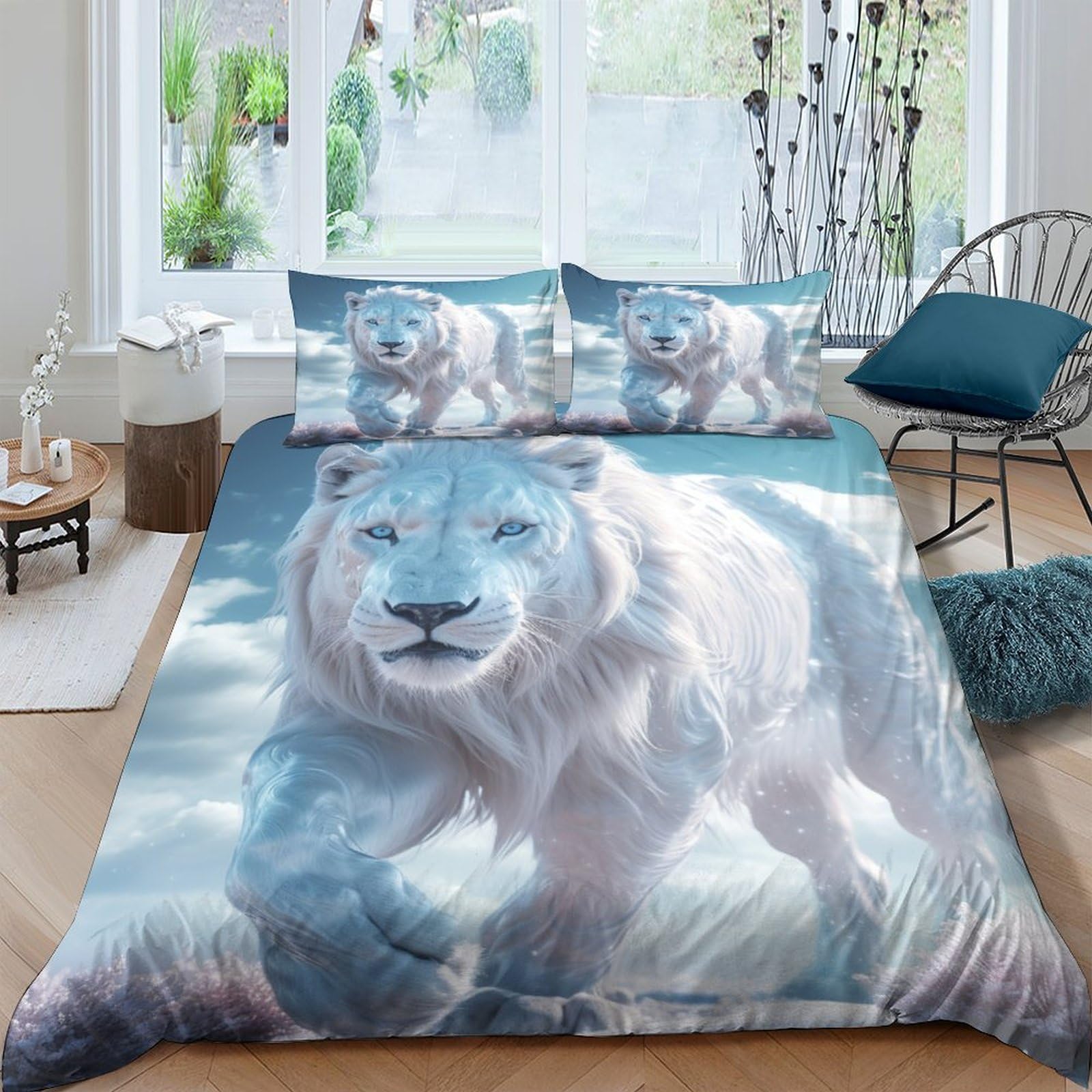 Housse de couette lion blanc 200x200 cm avec 2 taies d'oreiller pour lit double