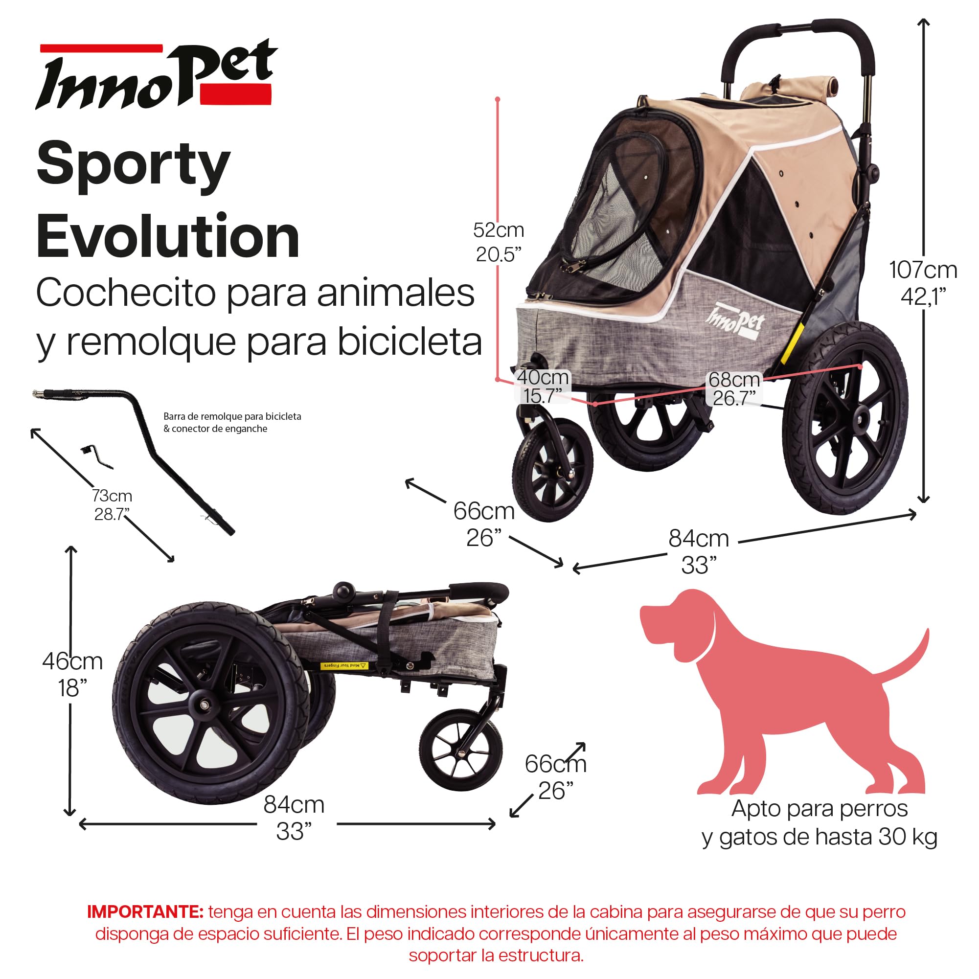 Innopet Sporty Evolution Latte - Cochecito y remolque para perros 2 en 1 beige/gris, hasta 30kg, con cubierta de lluvia, reflectores y correas de seguridad