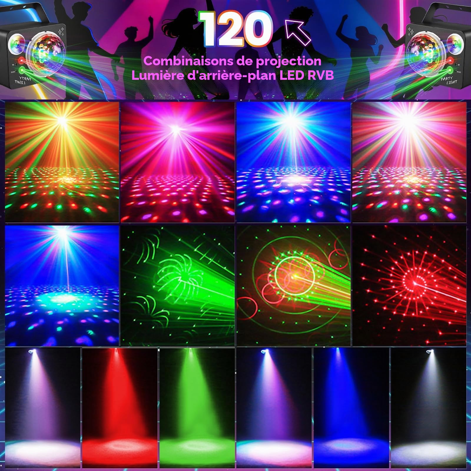 Boule disco 4 en 1, lampe de soirée disco contrôlée par la musique avec télécommande, lumières disco LED, éclairage DJ, pour fêtes, bars, mariages, Halloween, Noël, anniversaires