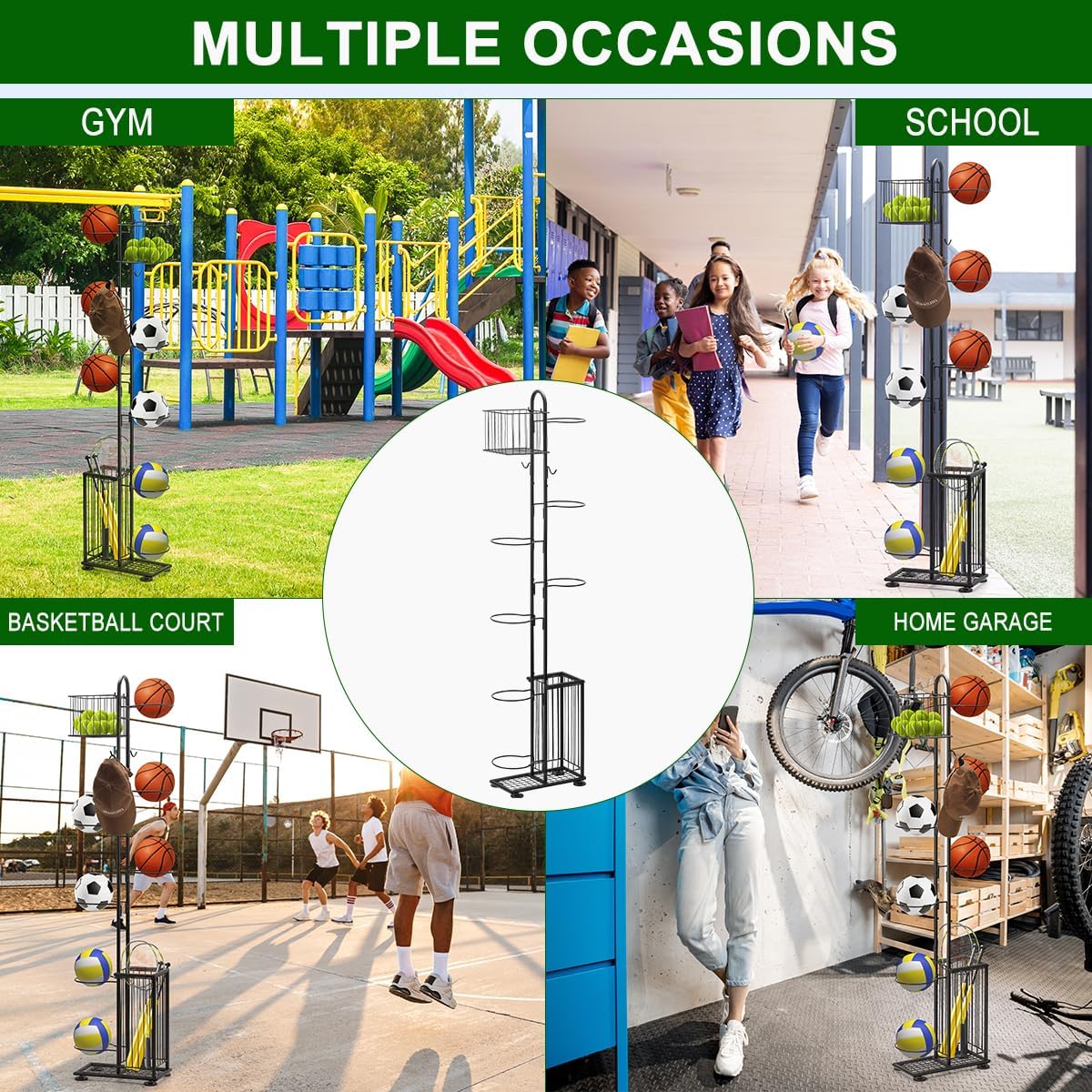 Tuenort Basketball Ball Storage Rack, 7 Tier Freestanding Basketball Holder, Garage Ball Storage Sport Organizer Rack with Basket for Volleyball Football Basketball, Indoor, Outdoor