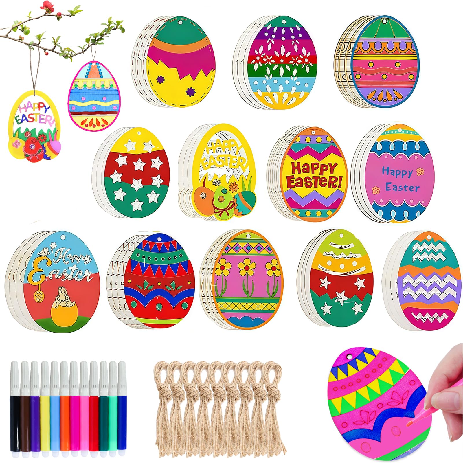 128 Pcs Ostern Basteln Kinder Osterdeko Holz Holzanhänger Ostern Anhänger Holz Ornamente Unvollendete OsterN Basteln DIY Anhänger Osterdeko BastelN mit Ostereier Strass Zwirnen Selbstklebend Frühling
