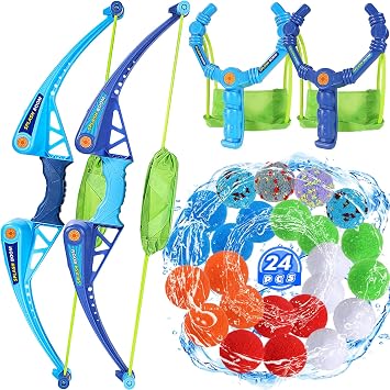 SUPER JOY Reusable Water Balls Water Toys for Kids, 2 PCS Water Balloons Slingshot Launcher 2 PCS Bow Launcher With 24 Colorful Water Balls for Outdoor Toys, Summer Water Bomb Toy for Boys Girls