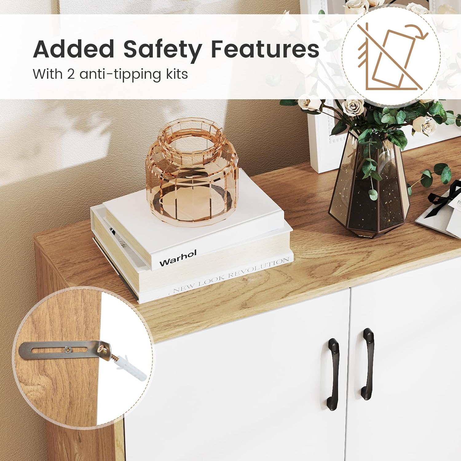 LOKO 2-Door Buffet Cabinet, Credenza Storage Cabinet with 5-Postition Adjustable Shelf, Versatile Sideboard with Anti-Tipping Kit for Kitchen, Entryway Living, Room, White and Natural