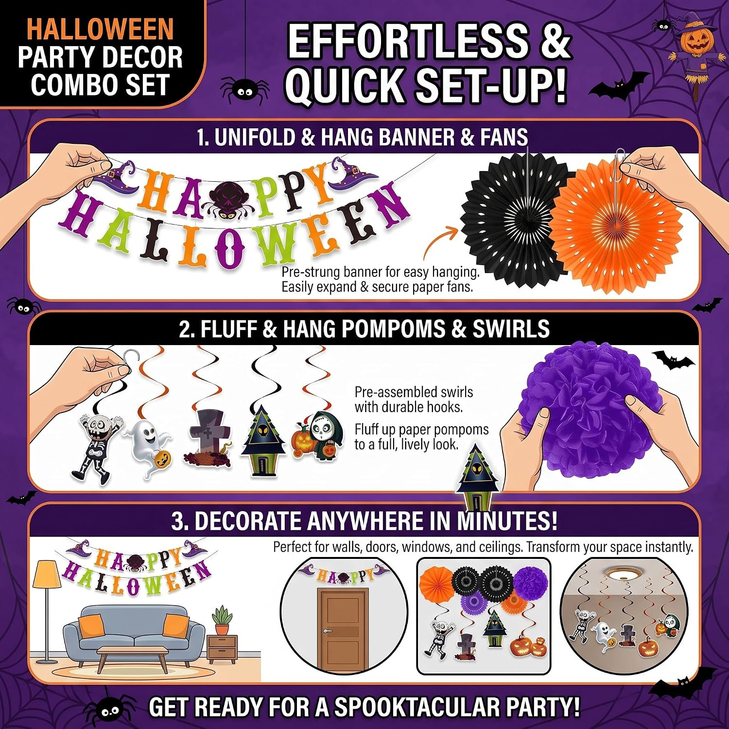 Halloween Party Decorations, Purple Black Orange Swirl Paper Fans Set, Halloween Pompom Banner Garland Fans Hanging Swirls for Trick or Treat Party Decor Accessories Indoor Outdoor Home Decorations