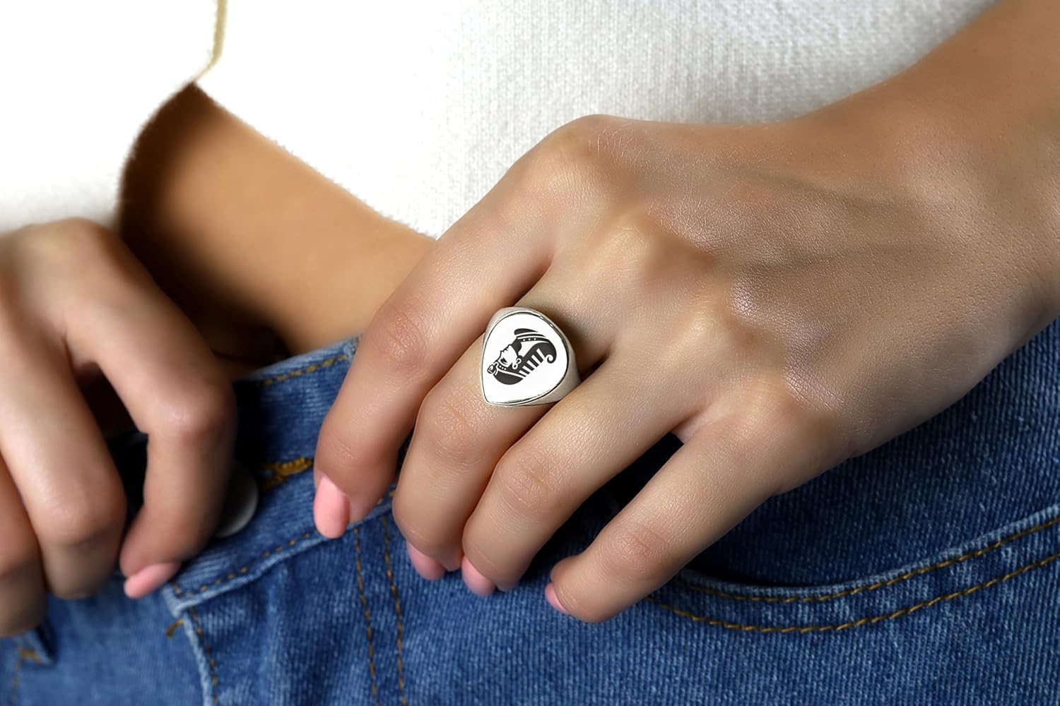 Cleopatra Signet Ring - Engraved Egyptian Jewelry - Bold 925 Sterling Silver Statement Ring