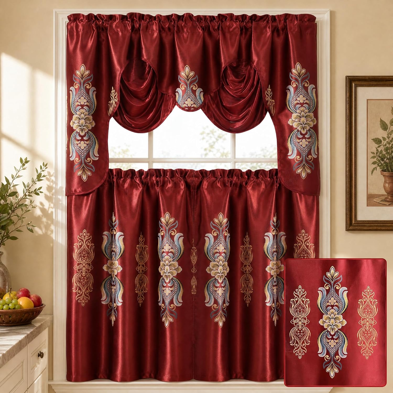GOHD Regal Regalia 3pcs Cafe Curtains,Jacquard Blackout L36”Tiers,Wine