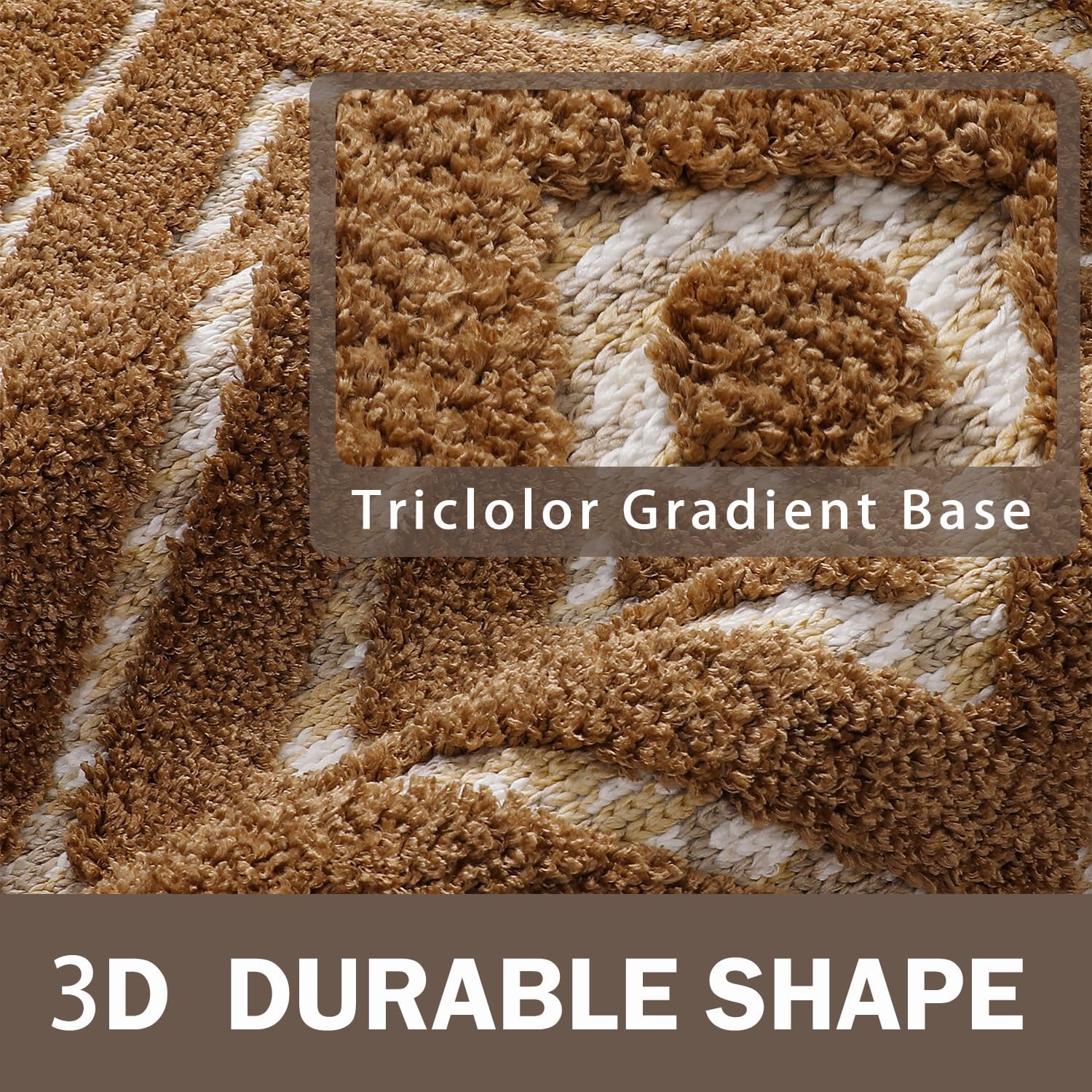 3D Luxury Boho Striped Brown Tan Ombre Geometric Bathroom Mat, 20"x32" Extra Soft and Absorbent Microfiber Bath Rug, Non-Slip TPR Back, Plush Shaggy Bath Carpet for Floor