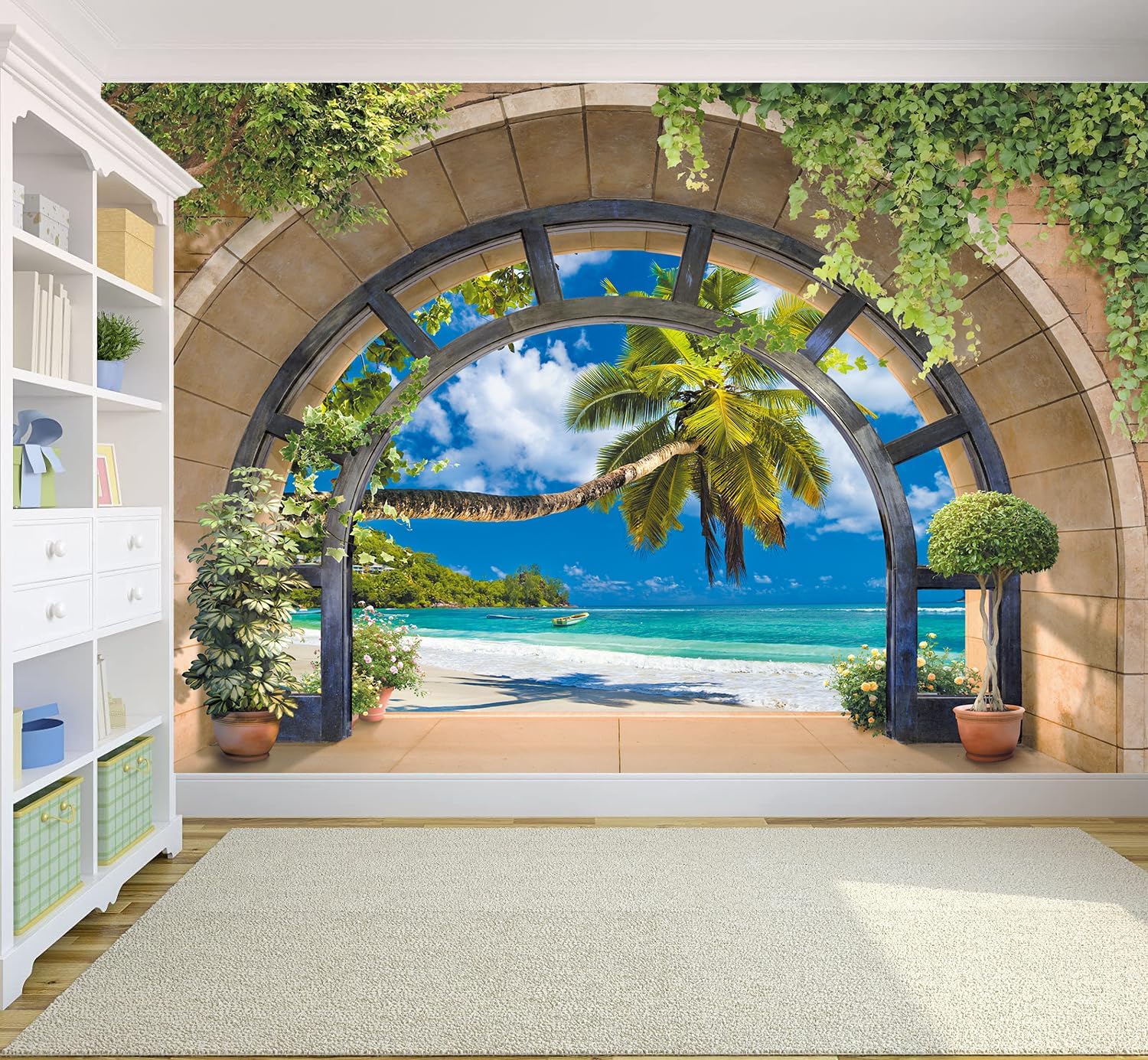 FLFK Window Tropical Beach Palm Wall Murals Peel and Stick 78.7"x59"- Self-Adhesive Wallpaper Large Poster Sticker for Bedroom Living Room Decor