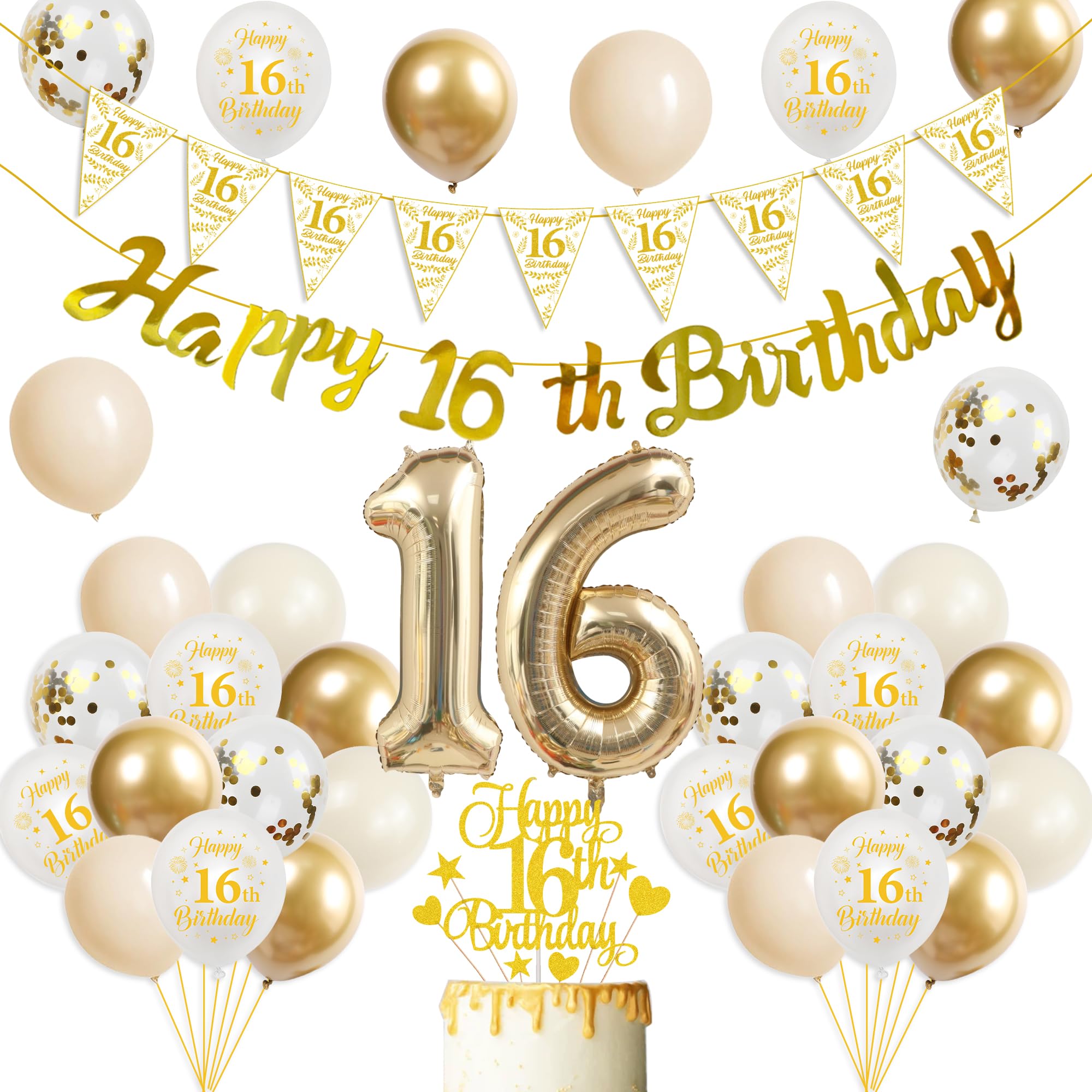 Sweet 16th Birthday Decorations Kit - 43 Pcs Gold White Happy 16th Birthday Banner Triangular Flag Number 16 Balloons Set Cake Topper for Girls Happy 16 Year Old Party Decoration Celebration Supplies