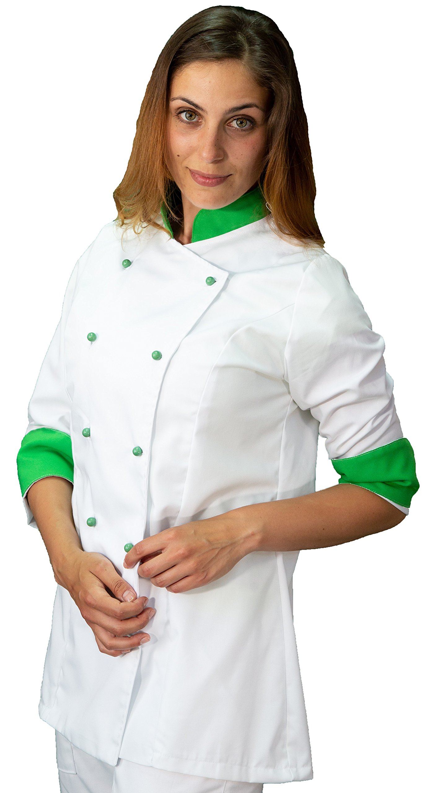 Ricamo Gratuito - Completo Cuoco da Cucina - Bianco e Verde - Divisa Chef Donna - Pantalone, Giacca e Grembiule - Made in Italy