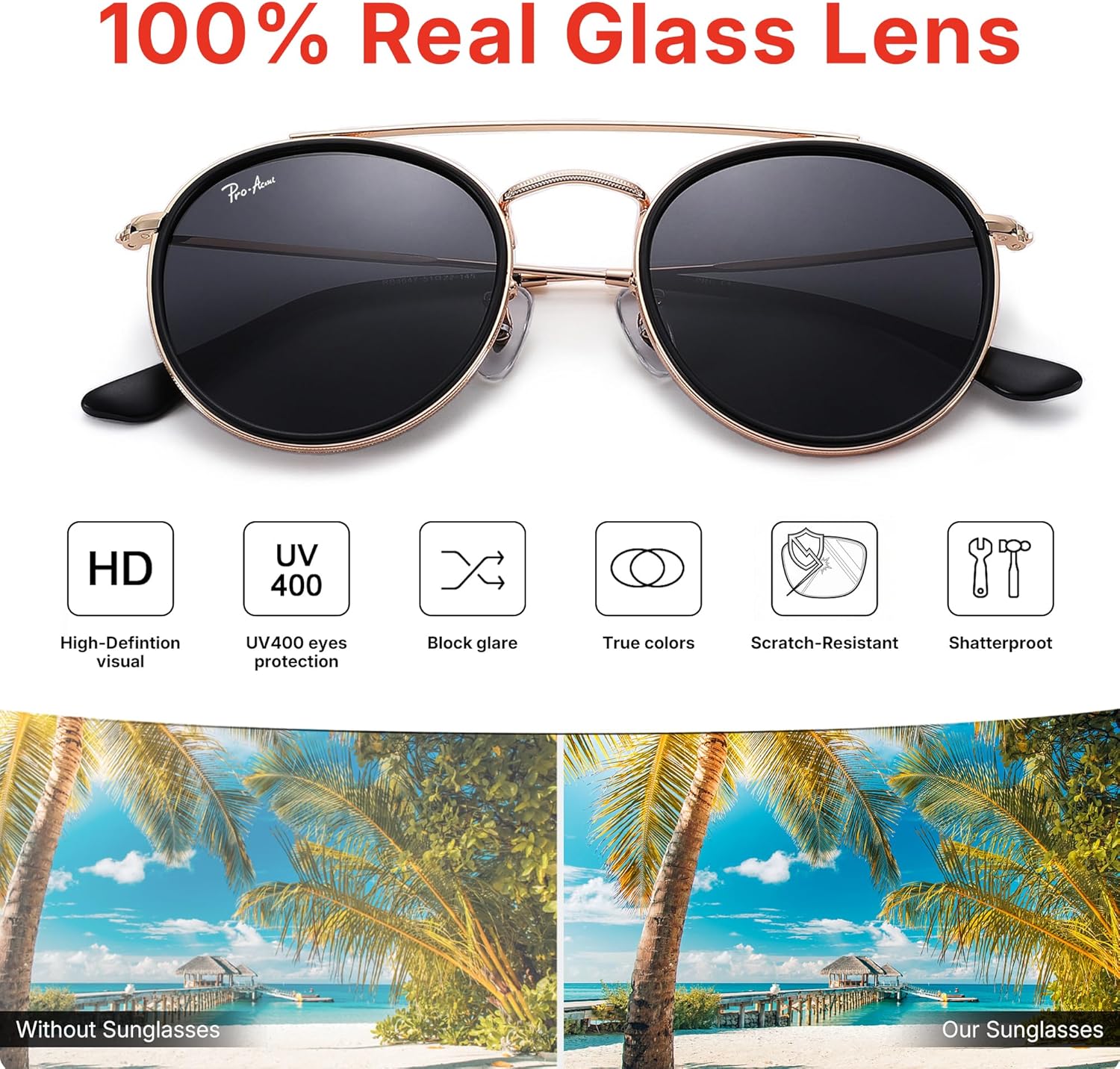 Pro Acme Retro Round Sunglasses for Women & Men, 100% Real Glass Lens, Double Bridge Circle Shades UV400 Protection - Image 4