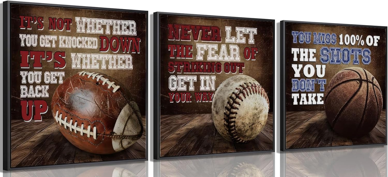 3Pcs Sports Inspirational Canvas Wall Art Boys Room Paintings Wall Decor Vintage Basketball Baseball Football Pictures Poster Prints for Nursery Game Room Gym Decorations 12x12in Unframed