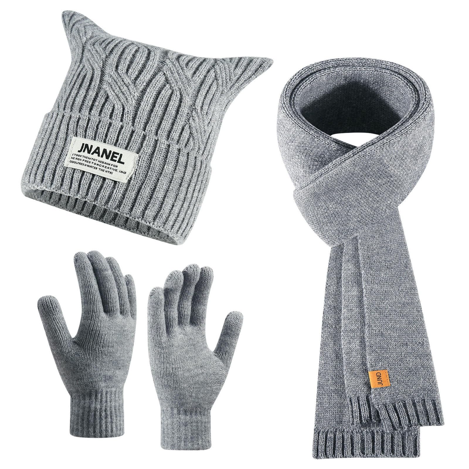 Set gorro bufanda guantes gris de lana con orejas gato ideal para regalar en invierno