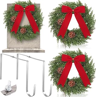 Yuntau 2 Sets Christmas Memorial Cemetery Wreath for Graves Kit Include 2 Pcs 15.8 Gravestone Wreaths 2 Pcs Wreath Hangers for Headstone Adjustable 6-11 Winter Xmas Tombstone Decor(Cypress)