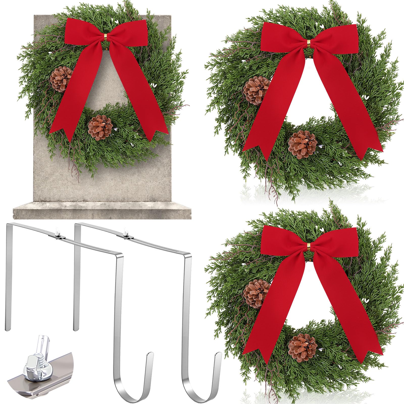 Yuntau Lot de 4 couronnes commémoratives de Noël pour tombes comprenant 2 couronnes de pierres tombales de 40,1 cm, 2 supports réglables en métal pour couronne de pierre tombale (cyprès)
