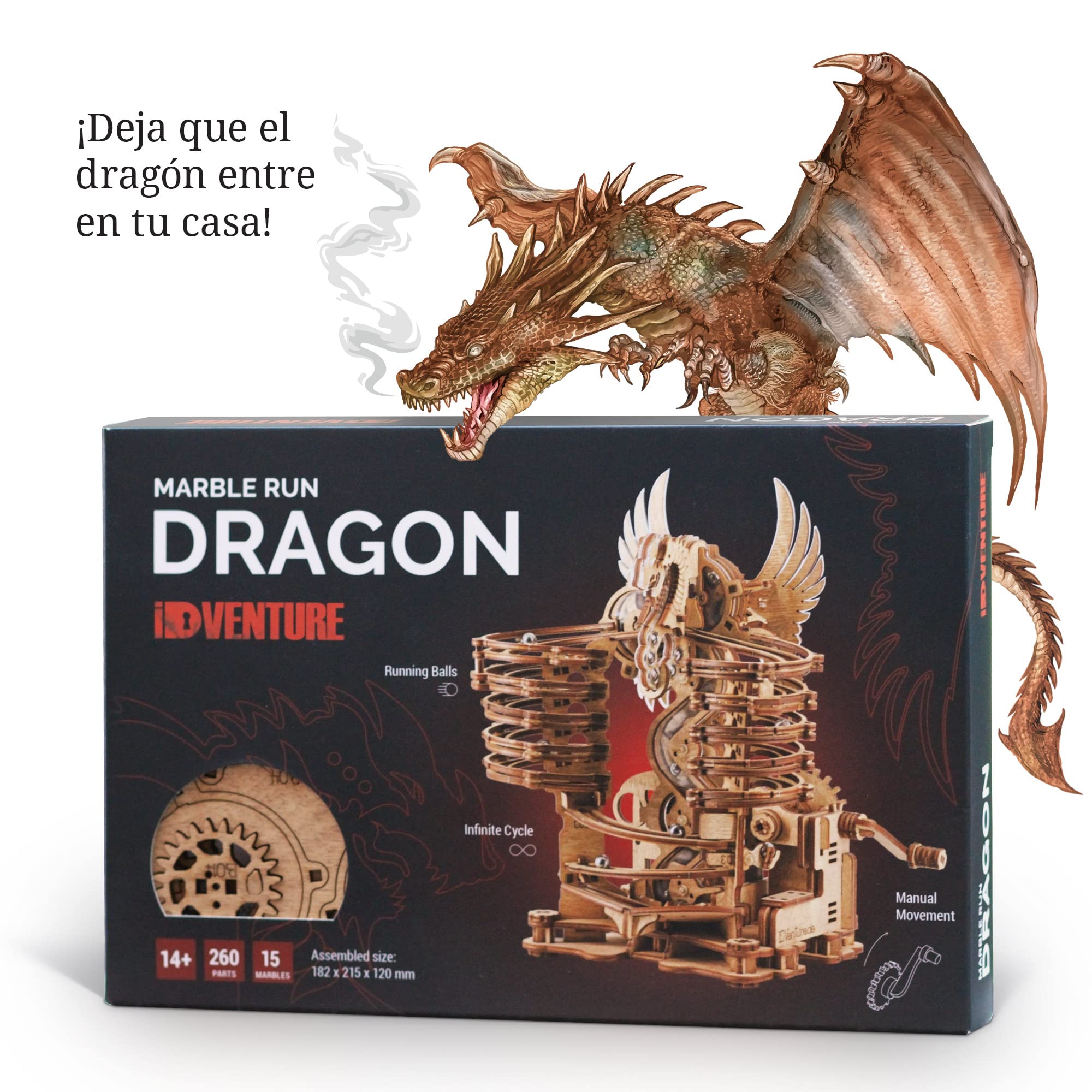 iDventure Dragón Pista de Canicas, Kit Puzzle 3D de Madera para Adultos | Kit de Construcción para Adultos, Puzzle 3D de Madera, 260 Piezas y 15 Canicas, Montaje sin Pegamento, Regalo para Hombre