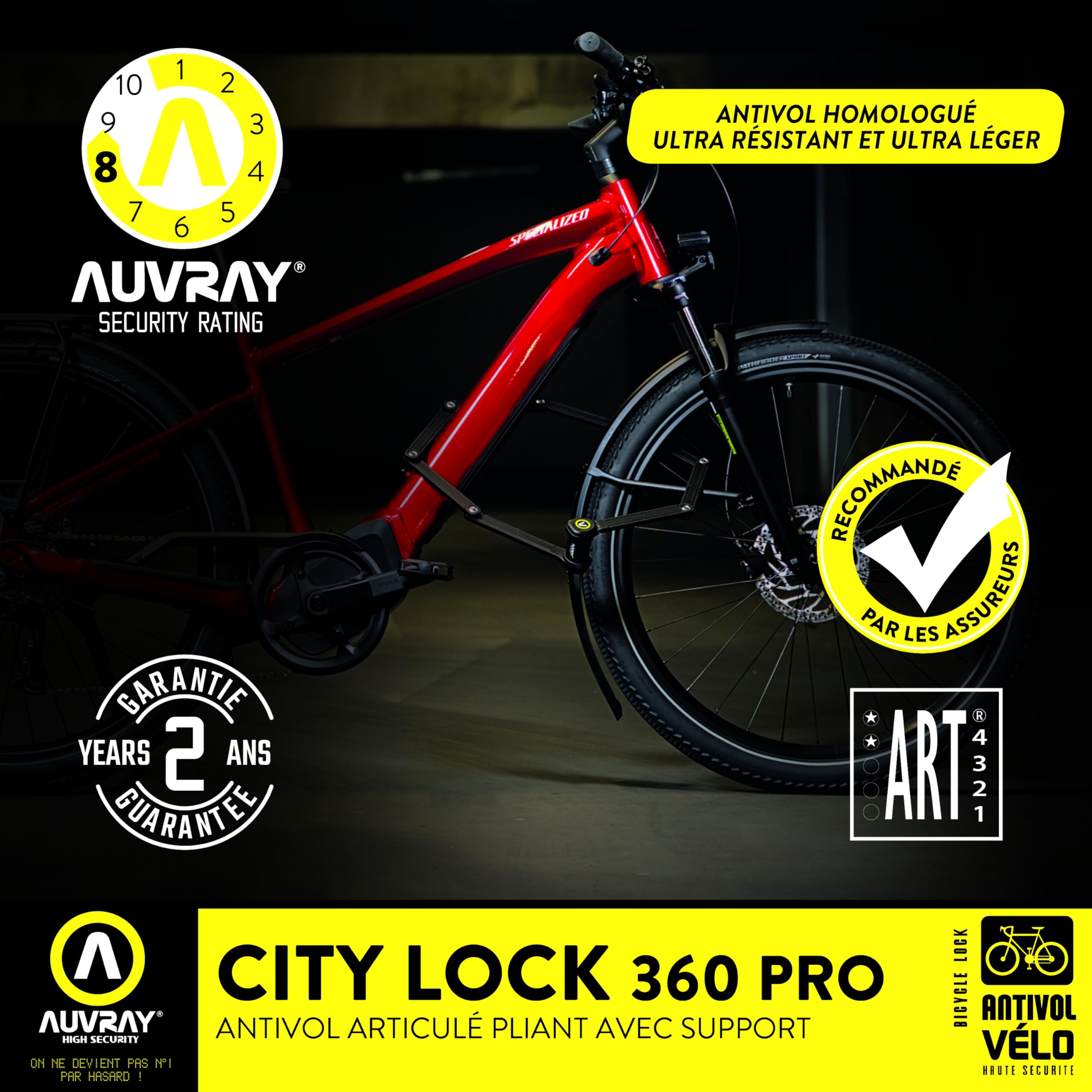 AUVRAY - Antivol vélo articulé City Lock 360 Pro - Certifié ART 4321 - Niveau de sécurité 8/10 - Recommandé par les Assureurs - Longueur 1200mm - Acier trempé - Tête rotative 360° - Haute sécurité