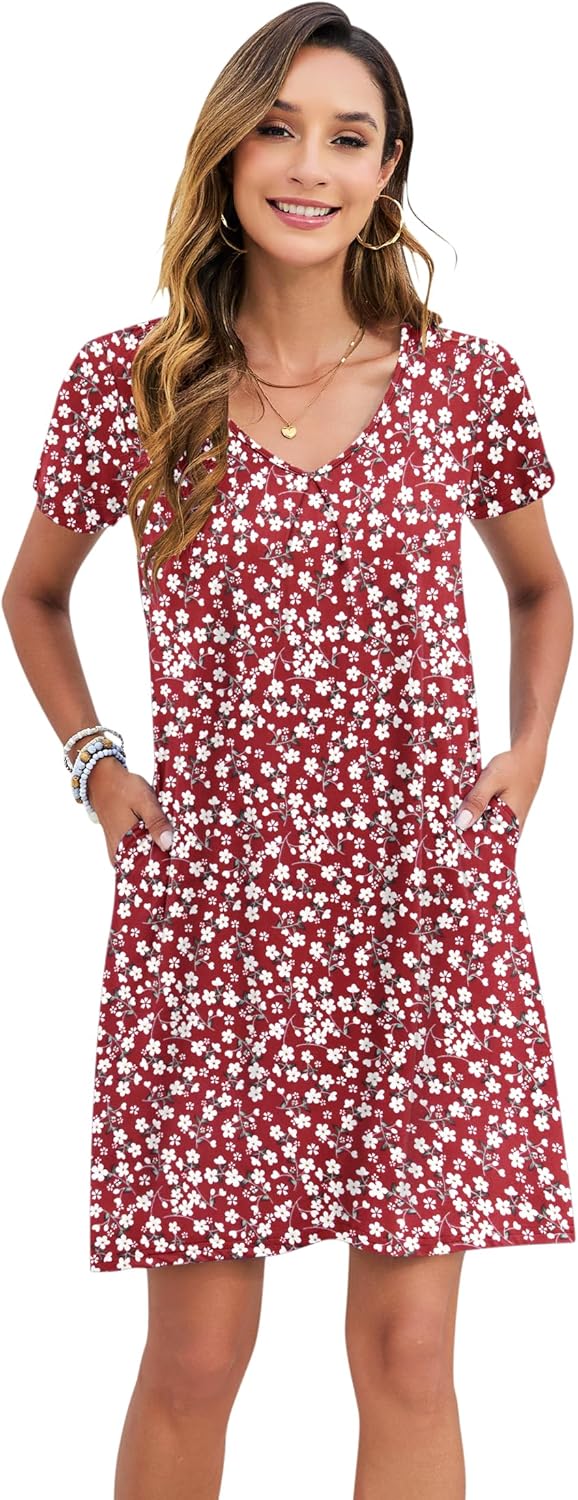 PLOKNRD Women's Casual Dress T-Shirt Summer Short Sleeve V Neck Chest Pleats Swing Dresses with Pockets 2025 - Image 3