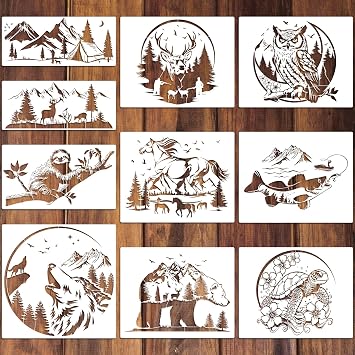 10 Pcs Large Wildlife Wood Burning Stencils for Painting Reusable Forest Animal Templates Horse Deer Turtle Fish Owl for Drawing Walls, Wood, Fabric, Home DIY Stencil Crafts