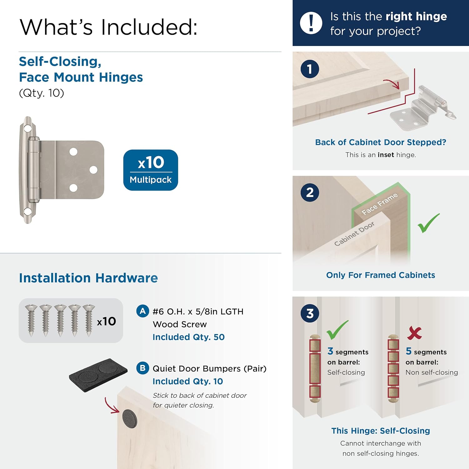 Amerock | Kitchen Cabinet Hinge | 3/8 inch (10 mm) Inset Hinge | Satin Nickel | 10 Pack | Self-Closing Hinge | Face Mount Hinge | Cabinet Door Hinge