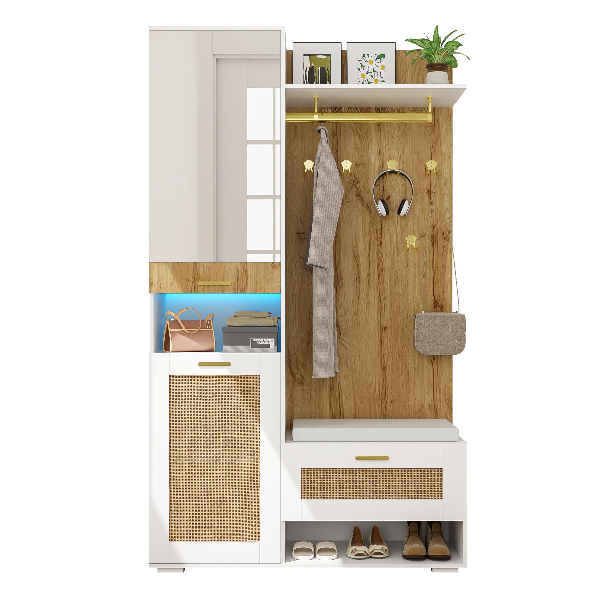 Juego de perchero, perchero de pared con espejo, 5 ganchos dorados, banco y zapatero con iluminación LED de 16 colores, compartimento superior (color madera + blanco)