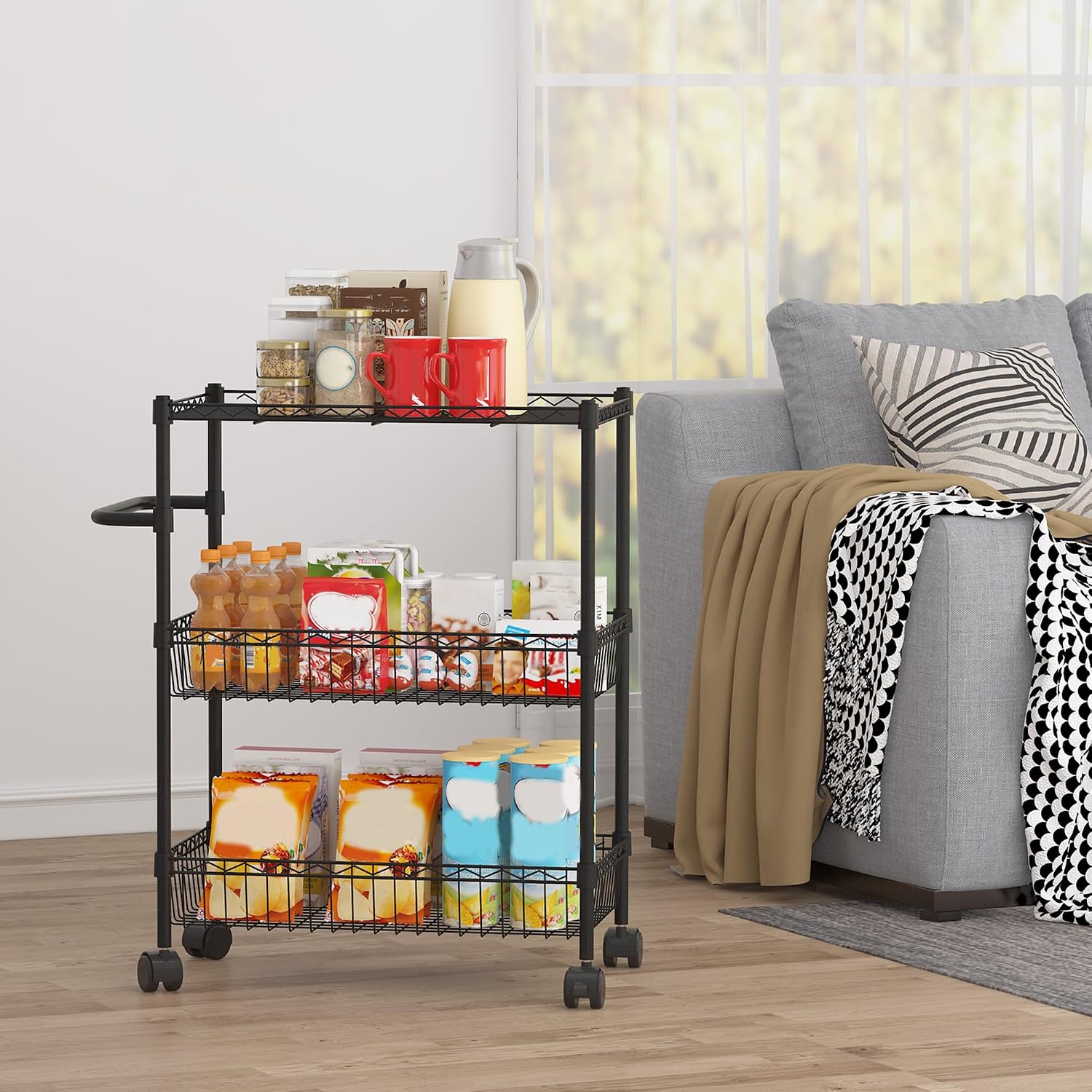 Black 3 Tier Rolling Storage Cart, Metal Wire Kitchen Cart with Baskets & Handle, Utility Trolley on Wheels for Kitchen, Bathroom, Laundry, Pantry & Office