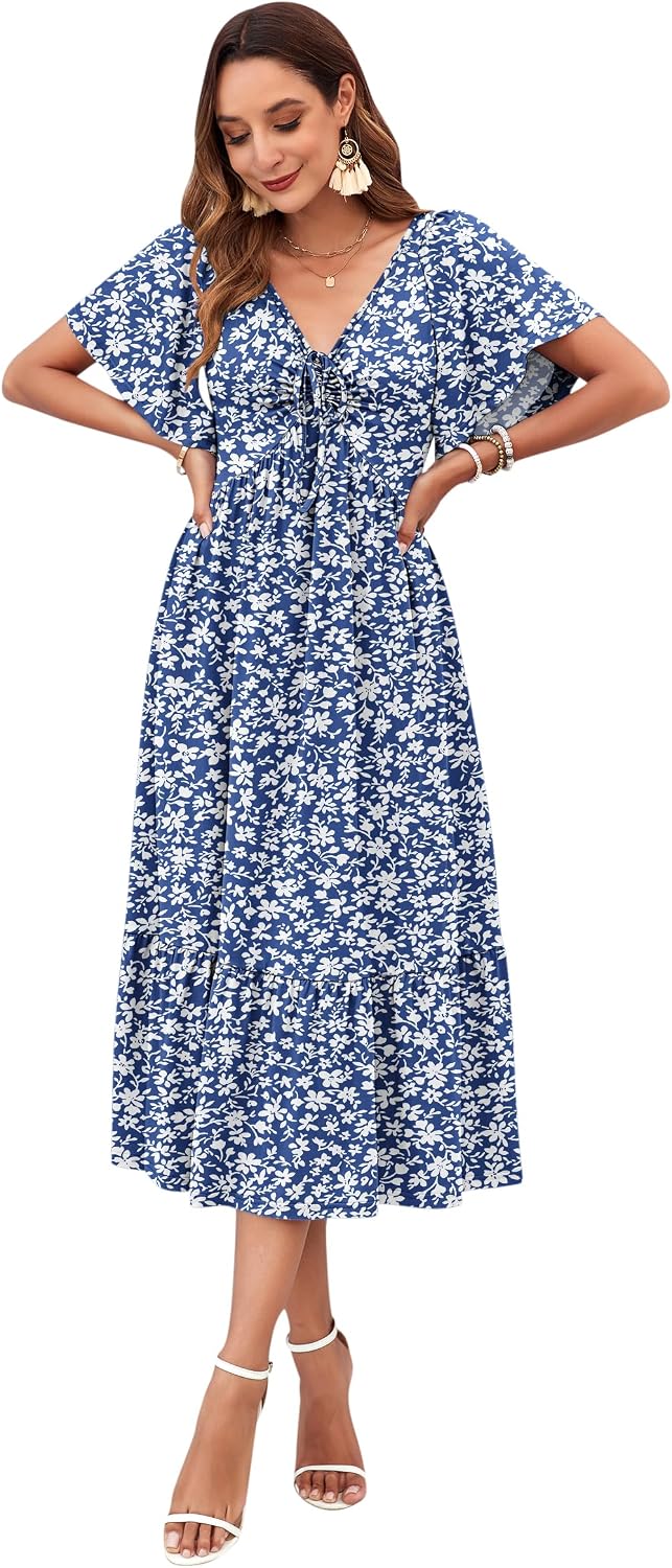 AUSELILY Women's Summer Empire Waist Dress Casual V Neck Short Flutter Sleeve Midi Dresses 2026
