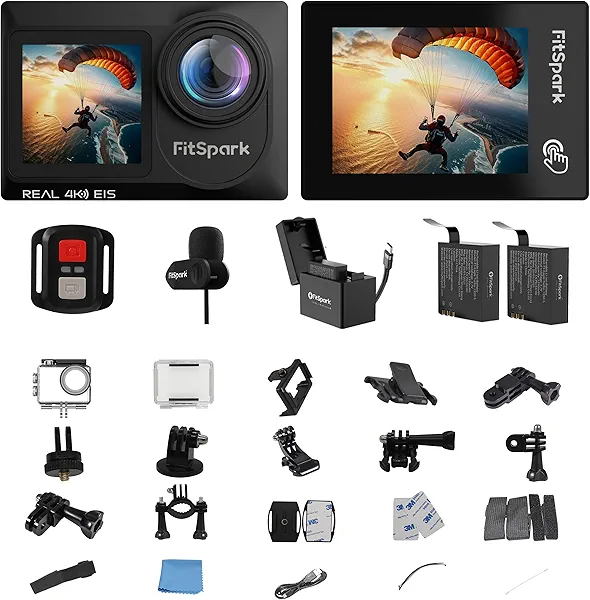 FitSpark Eagle i15 ProMax Real 4k30FPS 20MP WiFi Action Camera Touch Screen EIS Stabilization Dual Screens Underwater Waterproof Sports Camera, 2 Batteries, Dock, External Microphone, Accessories Kit