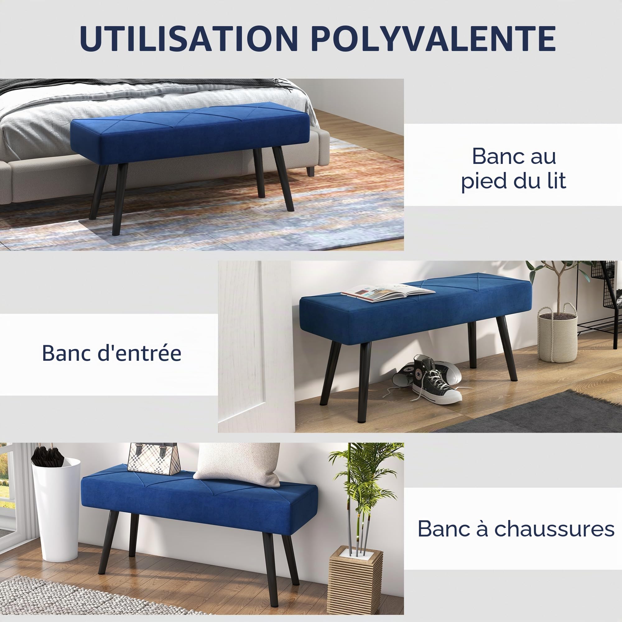 HOMCOM Banc rembourré Aspect Velours avec Motif X et Pieds en Acier pour Chambre à Coucher, Salon, Couloir 100 x 36 x 45 cm Bleu