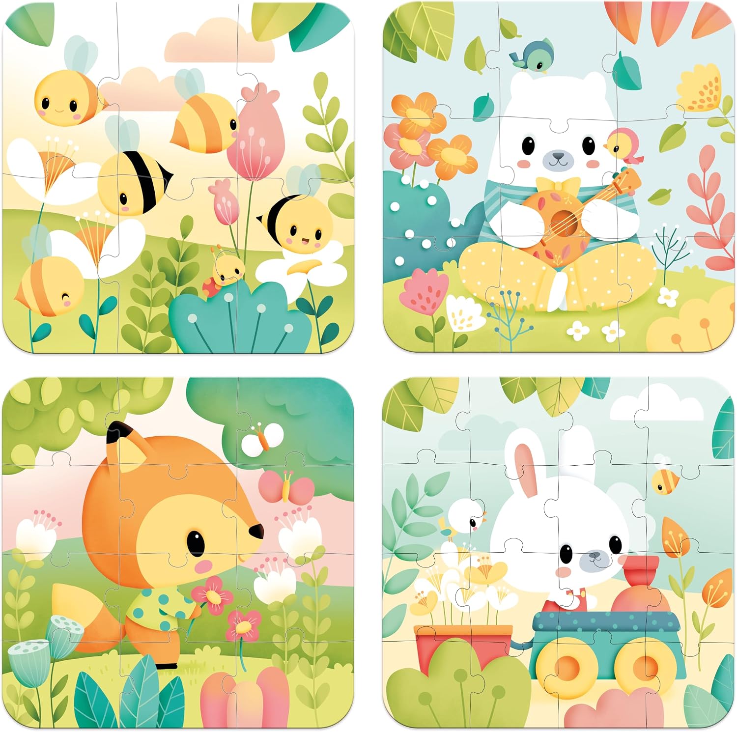 Janod - Pure 4 Progressive Animal Suitcase Puzzles - for Children Aged 2 and Over - Child Entertainment - Portable and Travel-Friendly - Learn to Puzzle with 4 Animal-Themed Puzzles