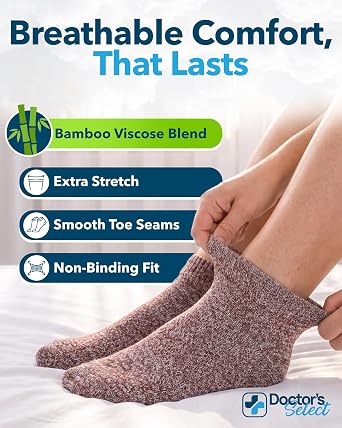Doctor's Select Viscose Bamboo Diabetic Socks for Women & Men - 6 Pairs | Moisture-Wicking Bamboo Viscose, Easy Stretch, Soft Cushioning, Smooth Toe Seams, Non Binding