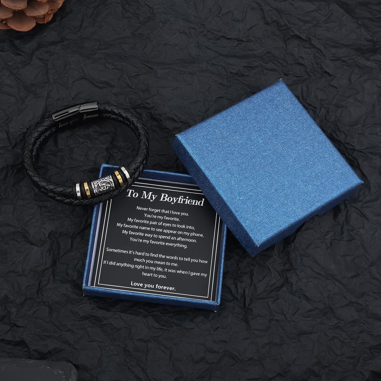 Mens Leather Bracelet,Black Stainless Steel Double-Row Braided Black Stainless Steel Love You Forever Engraved,Men Valentines Day Ideal Gift for Son & Grandson - Image 4