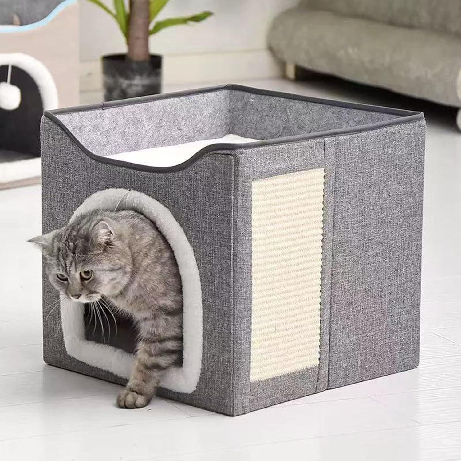 Indoor Cat House with Scratch Pad, Round Window, Hanging Balls, Collapsible Design (Coffee Color, 15.3x15.3x14.9)