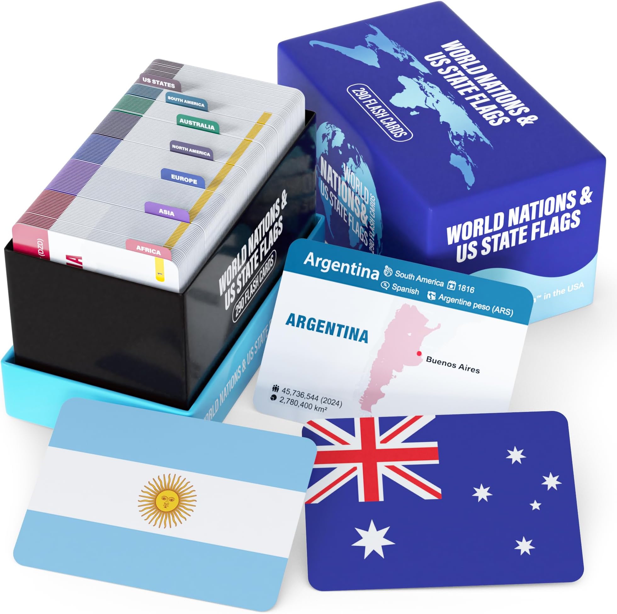 World Nations & US State Flags Flash Cards – 290 Geography Flashcards for Kids Teens Adults, Learn Maps Capitals Currencies Populations – Educational Homeschool Classroom Travel Study Set