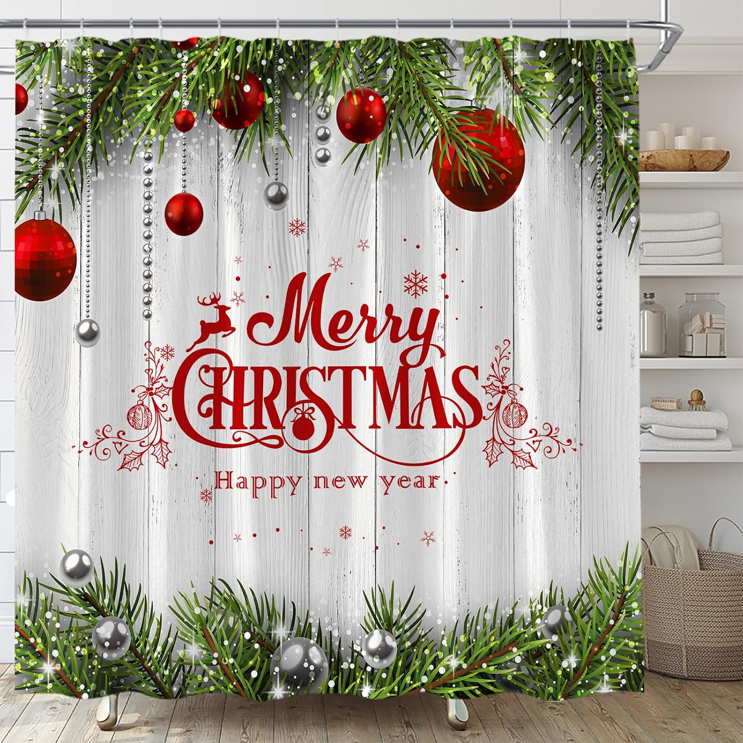 Merry Christmas Shower Curtain Red Silver Xmas Balls Pine Leaves Wood Plank Rustic Winter Fabric Bathroom Home Decor with Hooks(70" Wx84 H)