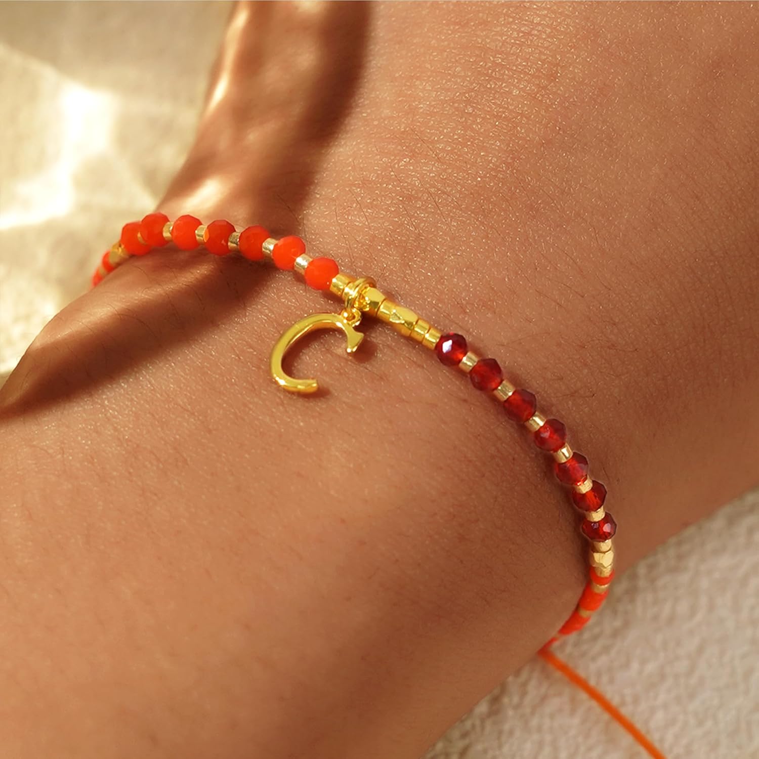Orange Ruby Gold Beaded Natural Stone Initial Bracelets for Women Teen, Boho Handmade Personalized Gemstone Beads Letter Name Braided Rope Adjustable Bracelet Bohemian Jewelry Gift - Image 2