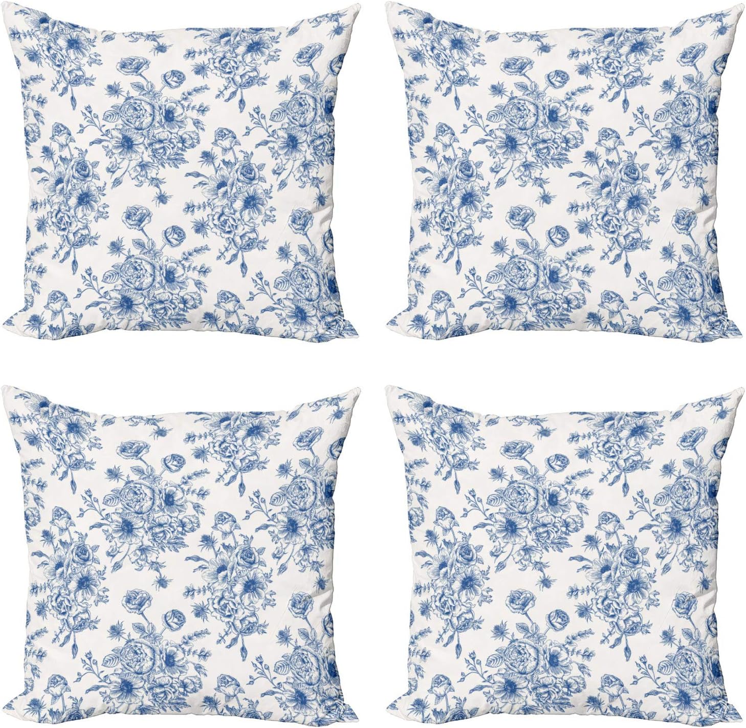 Ambesonne Anemone Flower Throw Pillow Cushion Case Pack of 4, Floral Pattern with Bouquet of Blue Flowers Delicate Victorian Design, Modern Accent Double-Sided Digital Printing, 24", Night Blue White