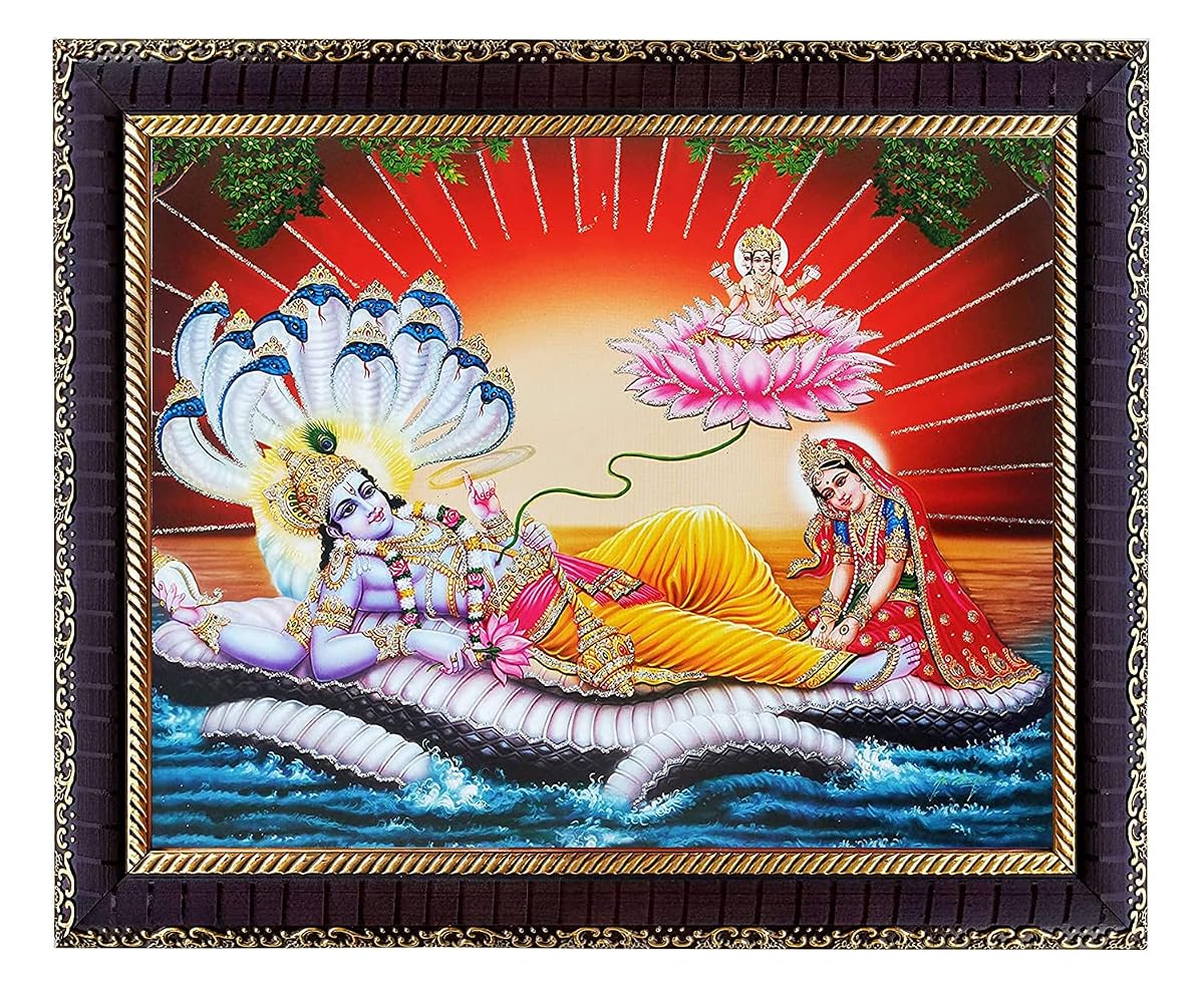 khanna Vishnu Laxmi/Lakshmi Ji On Sheshnag With Brahma Ji On Lotus Photo Frame