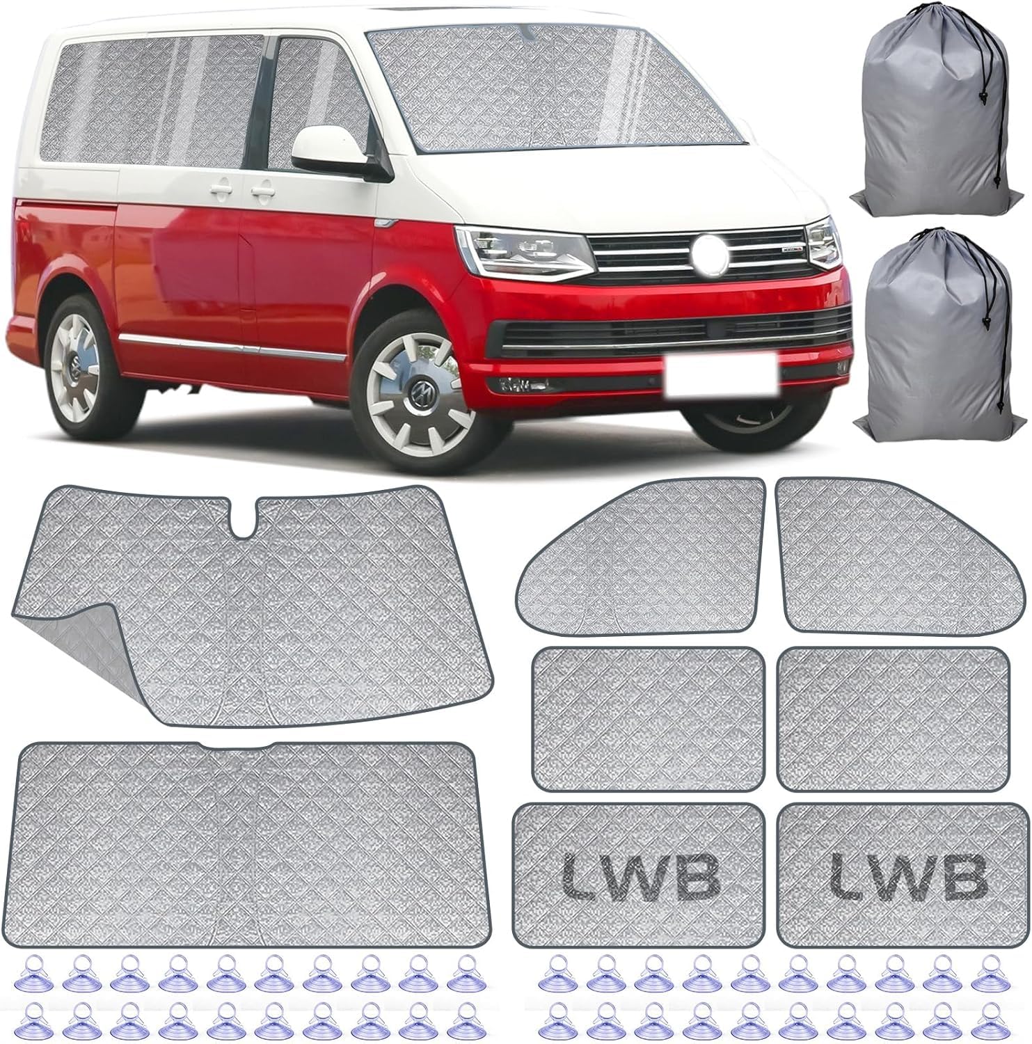 Interne Thermo-Jalousien-Set für VW T5, T6, LWB, Van, 8 Stück, Thermo-Windschutzscheibenabdeckung mit 40 Saugnäpfen, Wohnmobil-Fensterisolierung, Sonnenschutz, silberfarbene reflektierende
