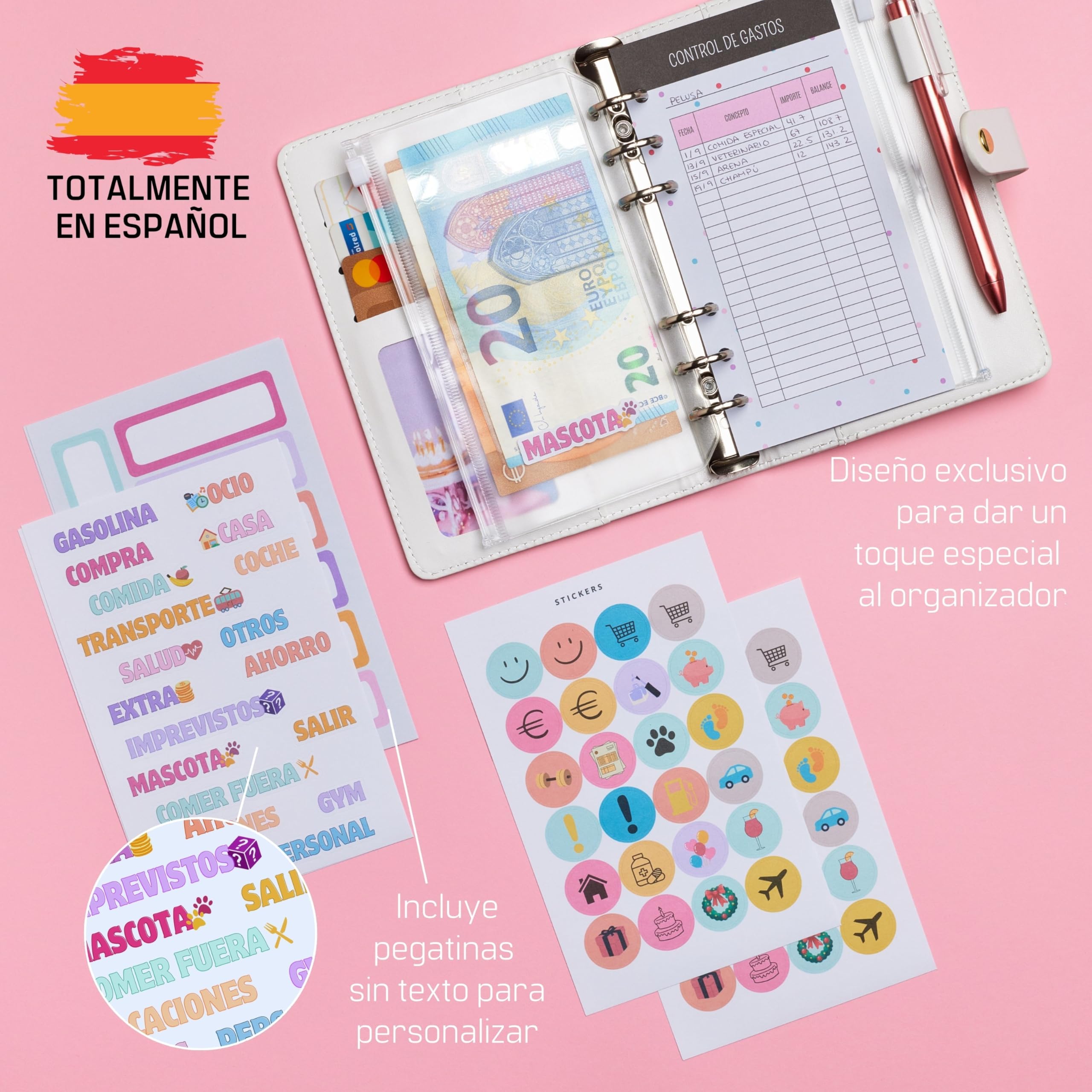 WHEN PIGS FLY Libreta de Ahorro A6 Español - Cuaderno de Ahorro con Sobres - Carpeta de Dinero - Organizador de Dinero - Carpeta de Ahorro (Blanca Corazones)