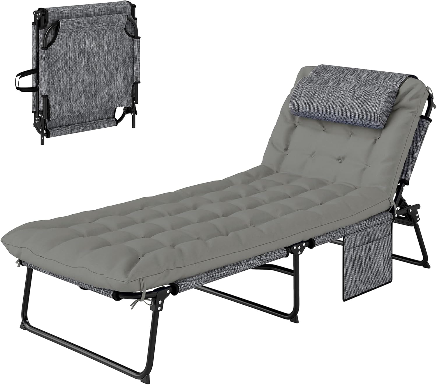 Outsunny Folding Chaise Lounge with 4-Level Reclining Back, Outdoor Tanning Chair with Cushion, Outdoor Lounge Chair with Breathable Mesh Fabric, Side Pocket, Headrest, Gray