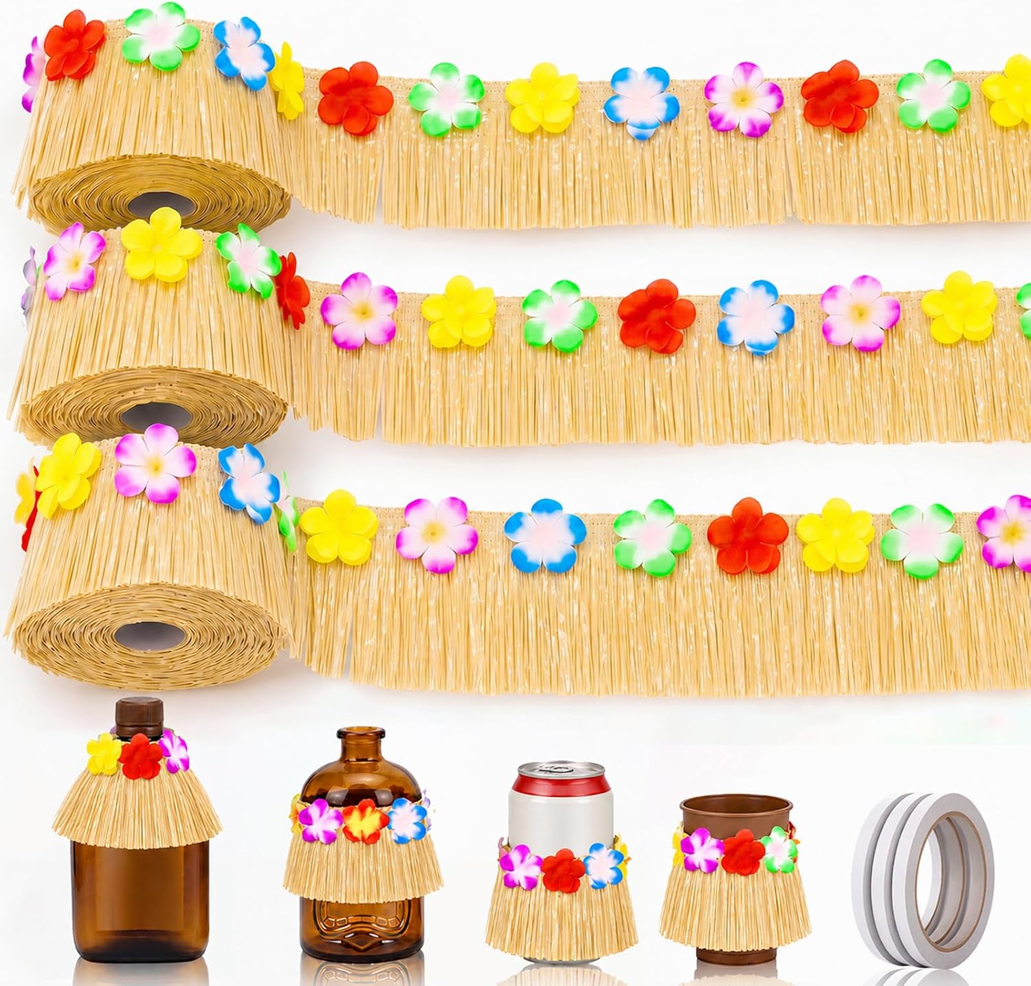 Tigeen 3 Pack Mini Hawaiian Luau Drink Grass Skirt 4 x 30 ft Hibiscus Fringe Garland Banner Hula Backdrop Decor for Table Edge Bottle Gift Wrapping Tropical Party Parade Float (Green)
