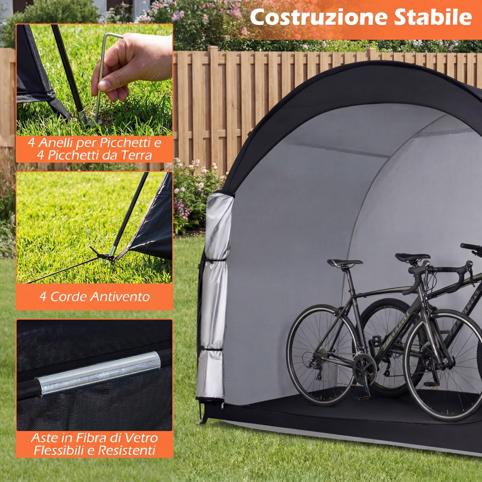 COSTWAY Tenda per Bicicletta, Garage Moto per Esterno con Aste in Fibra di Vetro, Tessuto Oxford, Corde antivento e Picchetti, Capannoni da giardino per bici, Tosaerba, Attrezzi da Giardinaggio
