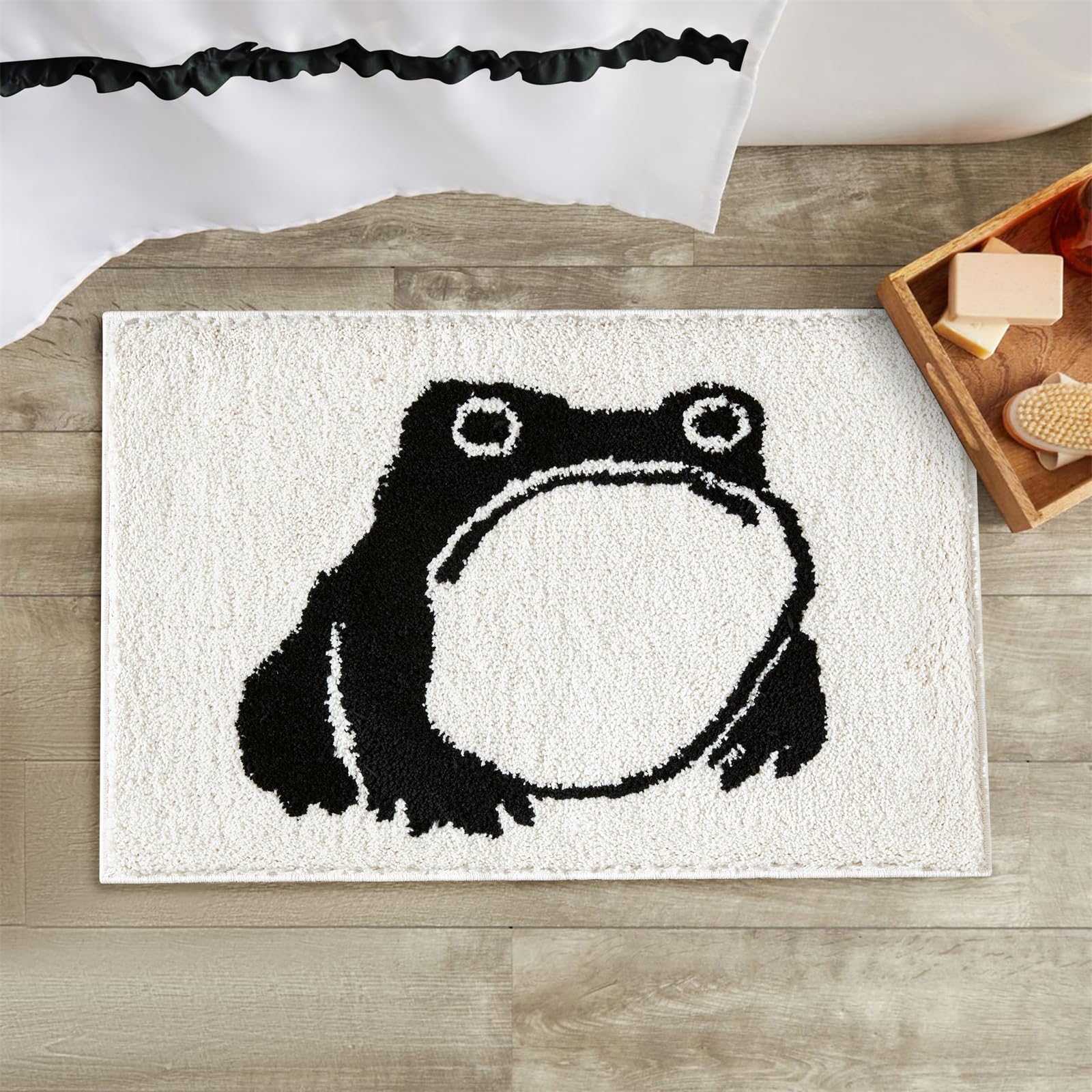 RoomTalks Unimpressed Frog Bath Mat in Black Non Slip Washable Cute Funny Vintage Bath Rug, Microfiber Shaggy Soft Absorbent Bathroom Shower Floor Mat Japanese Artwork Designer Bathroom Rug