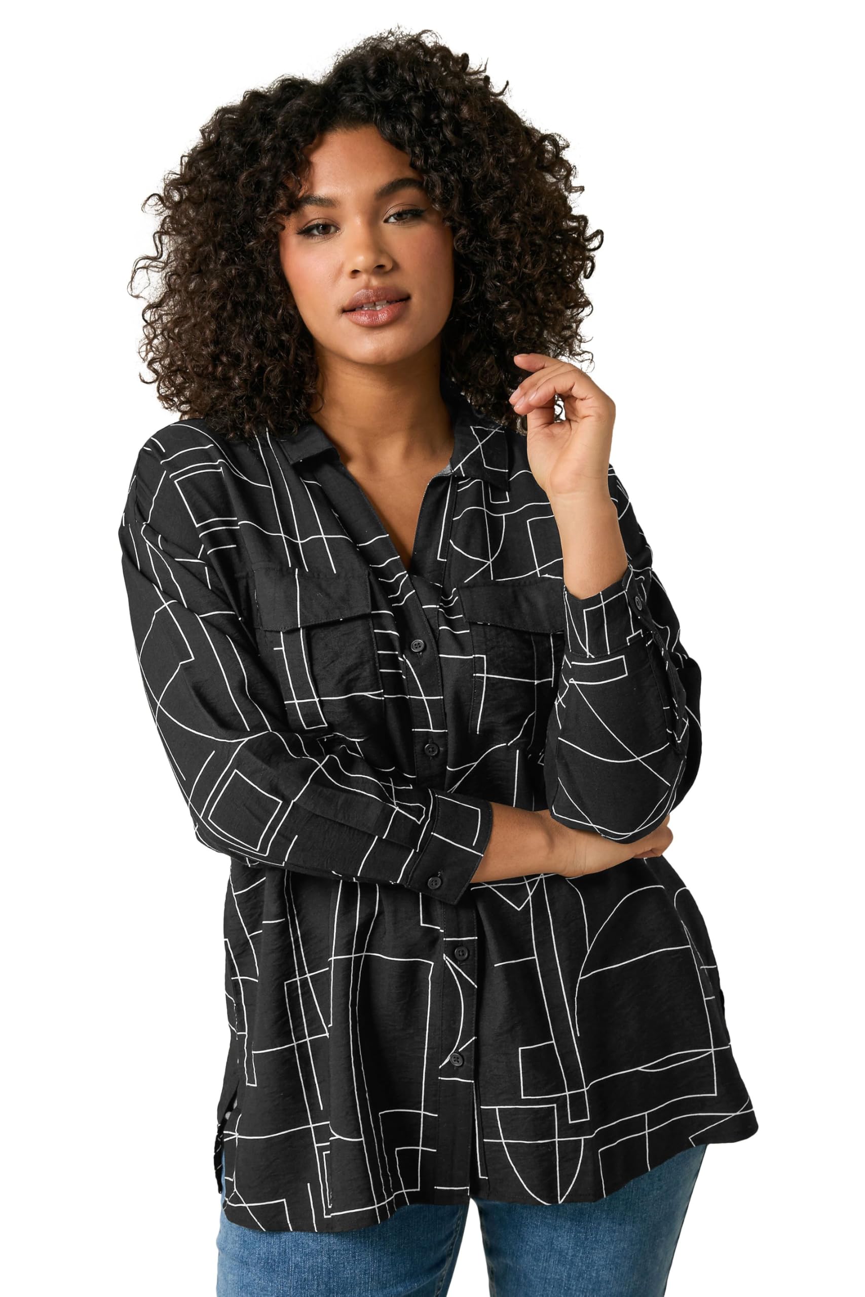 Evans Women's Black Curve Linear Print Utility Pocket Shirt - Plus Size Curve