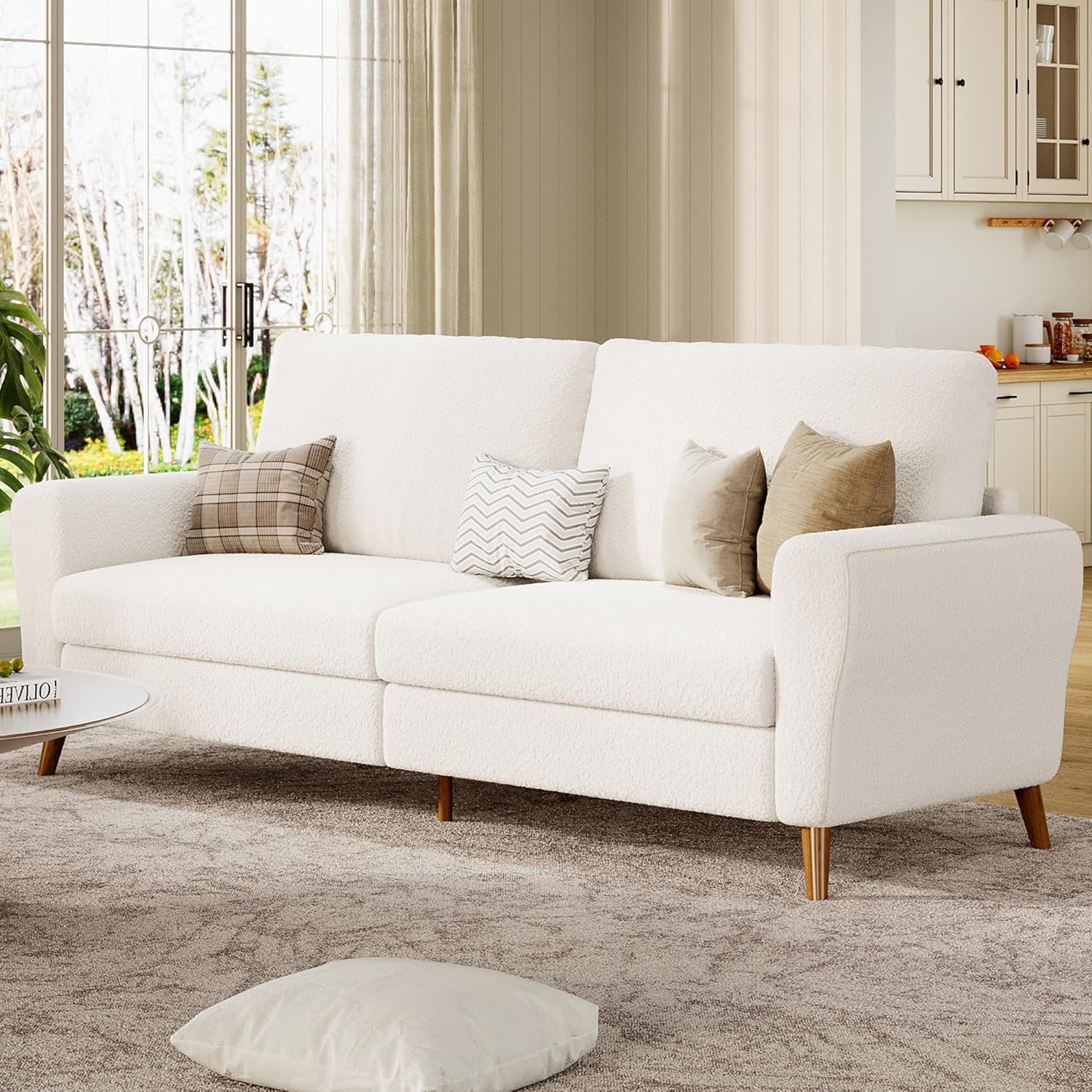 IDEALHOUSE 84 Inch Modern Sofa Couch, Large 3-Seater Sofa with Streamlined Armrests, Boucle Loveseat Wood Feet, Comfy Couch for Living Room, Apartment, Lounge, White